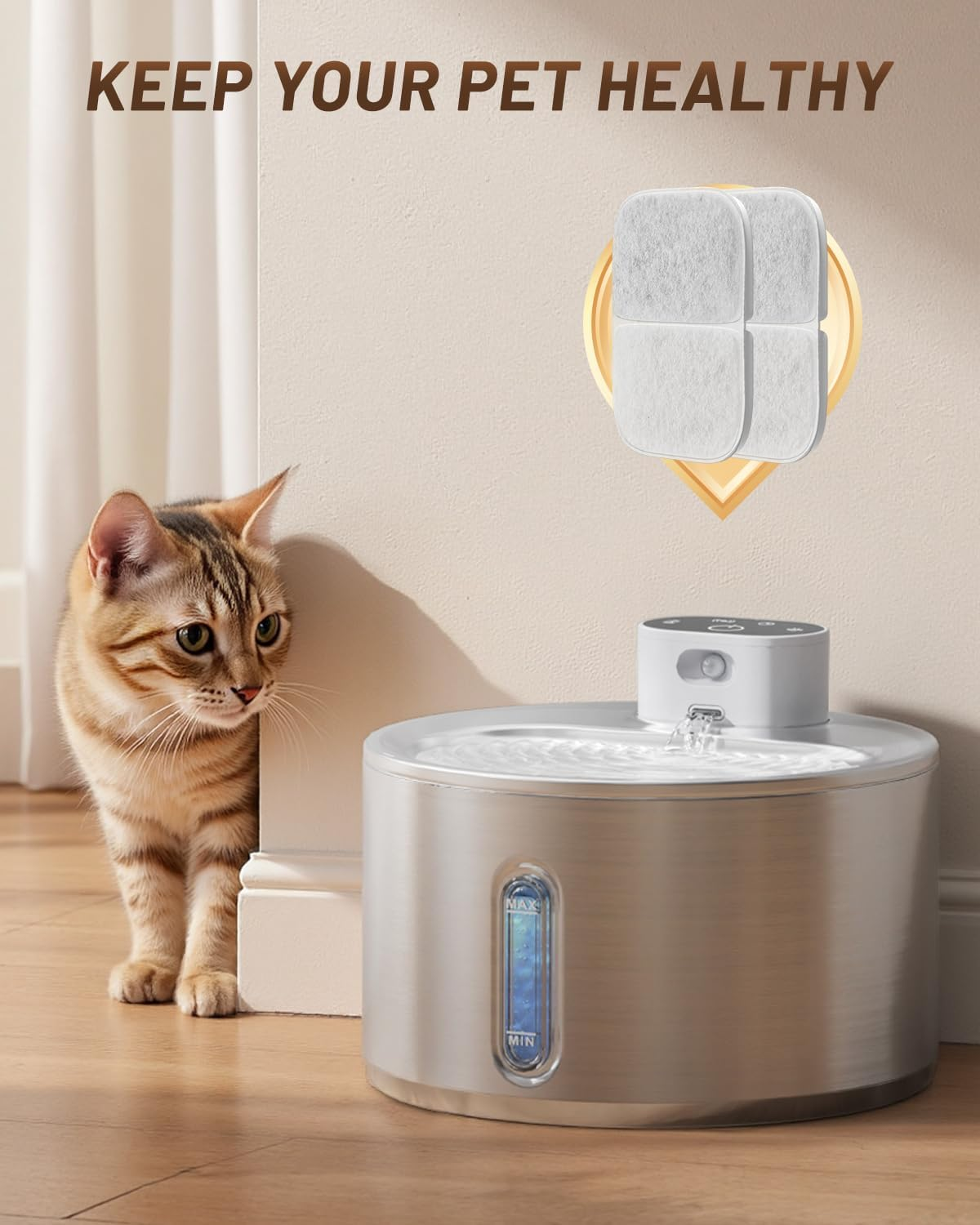 Cat Water Fountain Filters 6 Packs - Replacement Filters for Cats Water Dispenser, 2 in 1 Triple Filtration Cat Fountain Filter for 2L/3.2L/4L Ultra Quiet Stainless Steel Pet Water Fountain image number 2