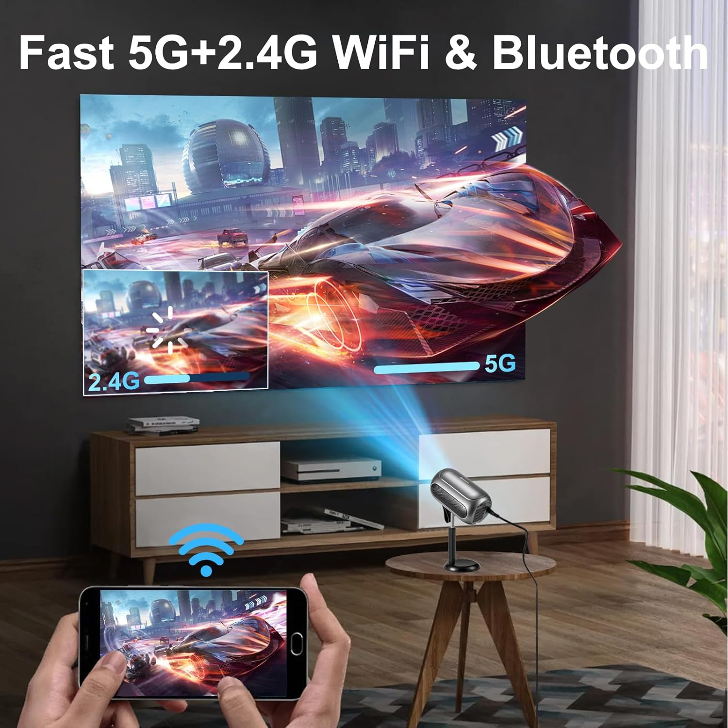 Mini Projector with Wifi 6 & Bluetooth, 240 ANSI Portable Projector, 4K 1080P Supported, 90&deg; Adjustable Hidden Stand, Smart Home Theater Projector for Indoor & Outdoor Use image number 6