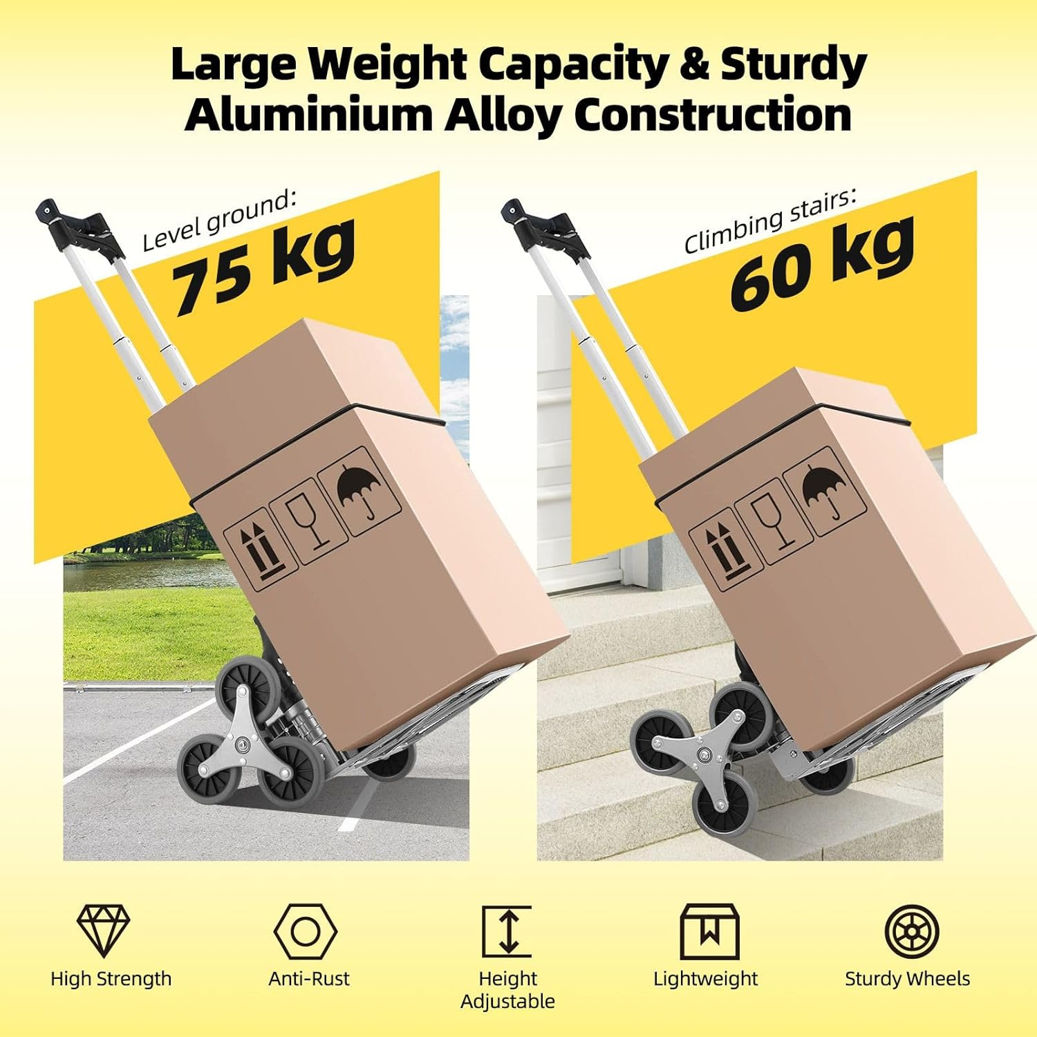 Hand Truck with Stair-Climbing Wheels Foldable Dolly Cart for Stairs Aluminum Utility Cart with Telescopic Handle & Elastic Rope for Luggage, Travel, Shopping 75KG image number 1
