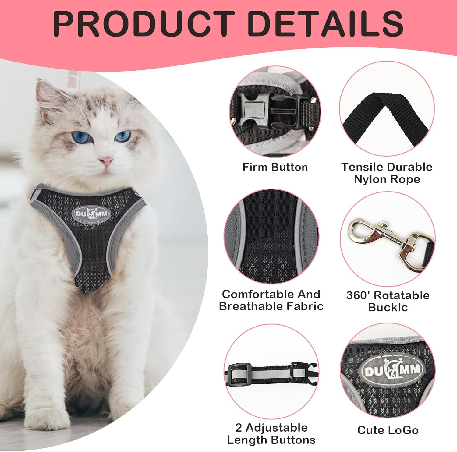 Cat Harness with Lead, Escape Proof, Adjustable Cat Harness, Cat Harness, Soft Inner Lining and Breathable Mesh with Reflective for Outdoor Training, Walking (Black, XS) image number 4