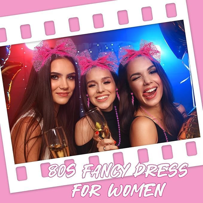 80S Fancy Dress for Women,1980S Costume Accessories Set with Leg Warmers Lace Bow Headband Necklace Bracelets Fishnet Gloves 80S Earrings Sunglasses, 80S Fancy Dress for Women image number 6