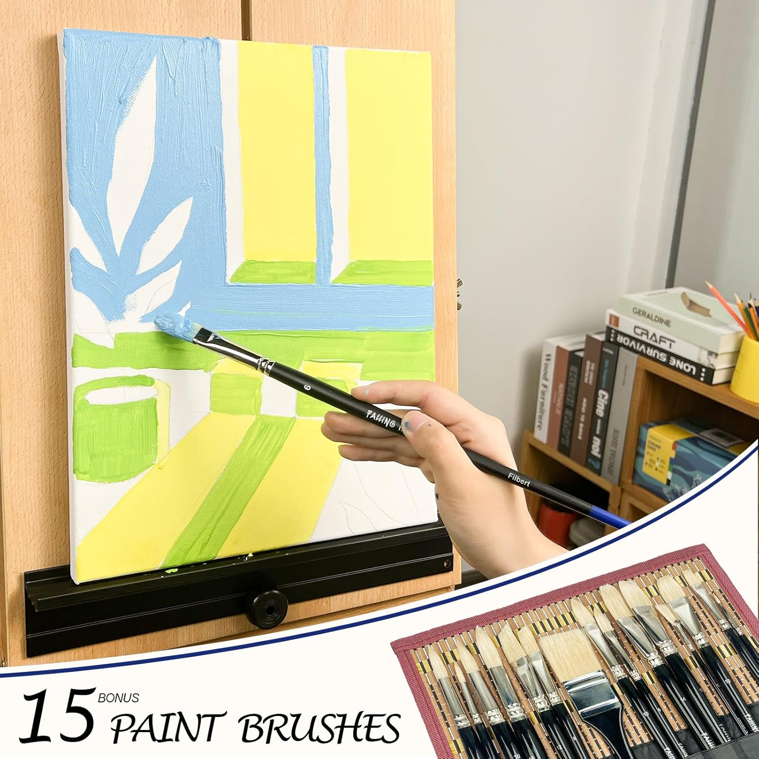 Natural Bristle Professional Paintbrushes Set | 15PCS Long Handled Paint Brushes for Acrylic Painting | Oil Paint Brushes of Fan, Round, Flat, Angled, Filbert, and Chip Tips with Bamboo Storage Pouch image number 3