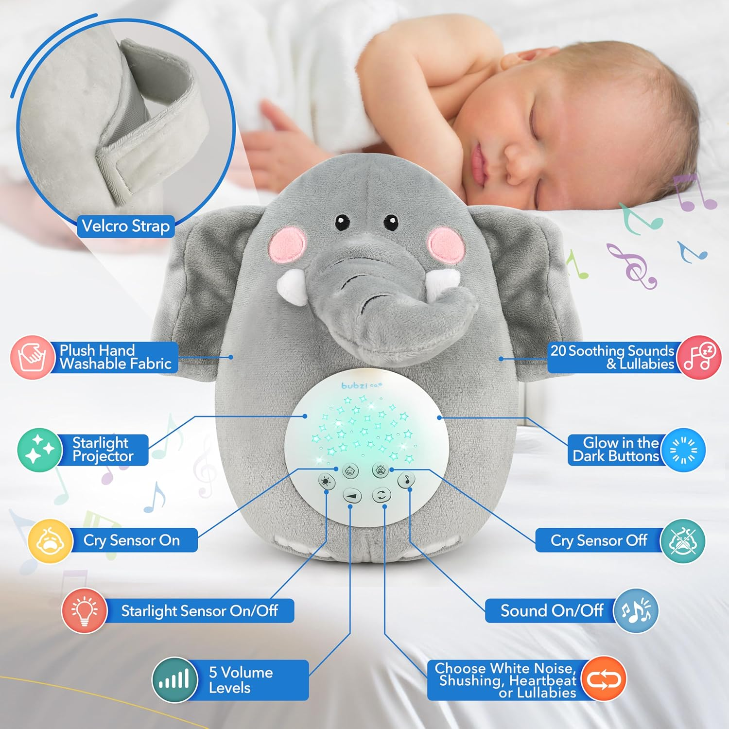 Bubzi Co Baby Sound Machine, Portable Elepahnt Soother & Baby Night Light Projector, Comforting Electronic Infant Toddler Sleep Aid & Baby Shush with White Noise image number 5