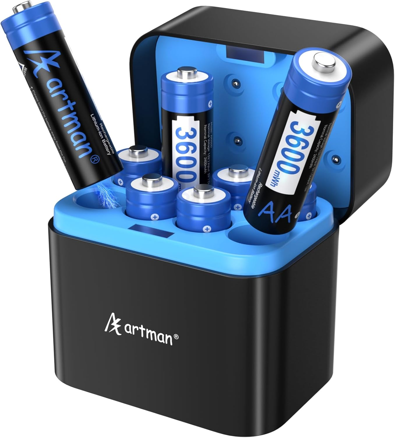 Artman Rechargeable Lithium AA Batteries with Charger, 8 Pack 3600Mwh AA Lithium Batteries for Blink Outdoor Camera, 1.5V Constant Output Double a Battery Rechargeable, 2000 Cycle Charging Time (Blue)