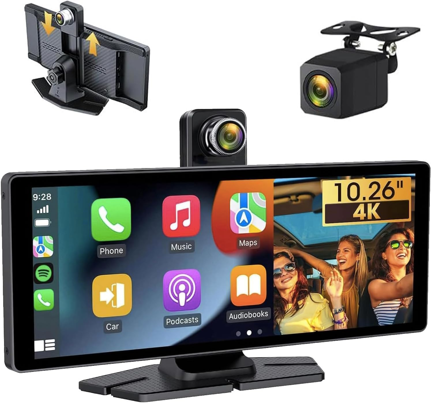 4K Carplay Screen for Car Apple Carplay Screen Tablet for Car with 350&deg; Rotatable Camera 10.26" Android Auto Brightness Wireless Carplay Navigation Dual Bluetooth Vioce Control Bracket (Black) image number 1