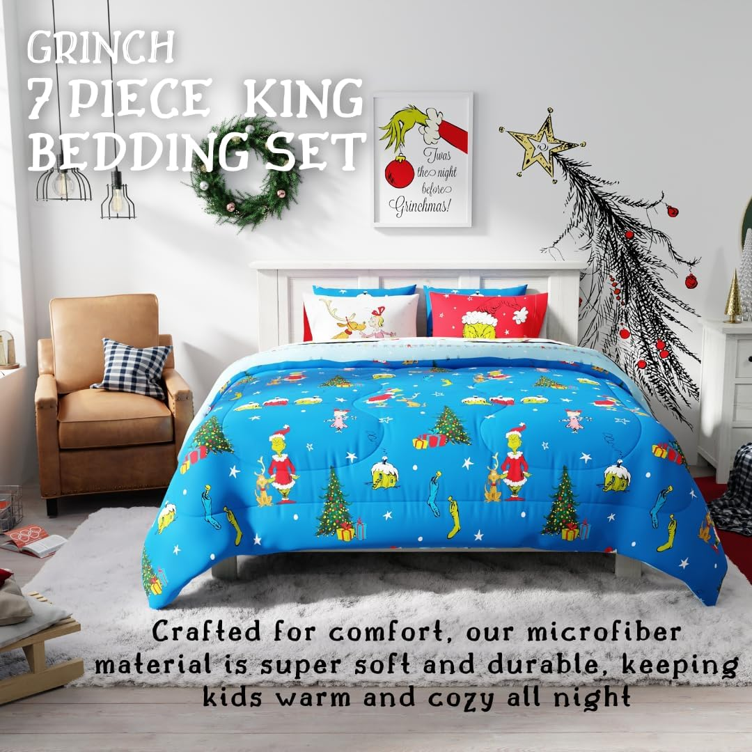 Franco Grinch by Dr. Seuss Holiday & Christmas Bedding Super Soft Comforter and Sheet Set with Sham, 7 Piece King Size (Official Dr. Seuss Product)
