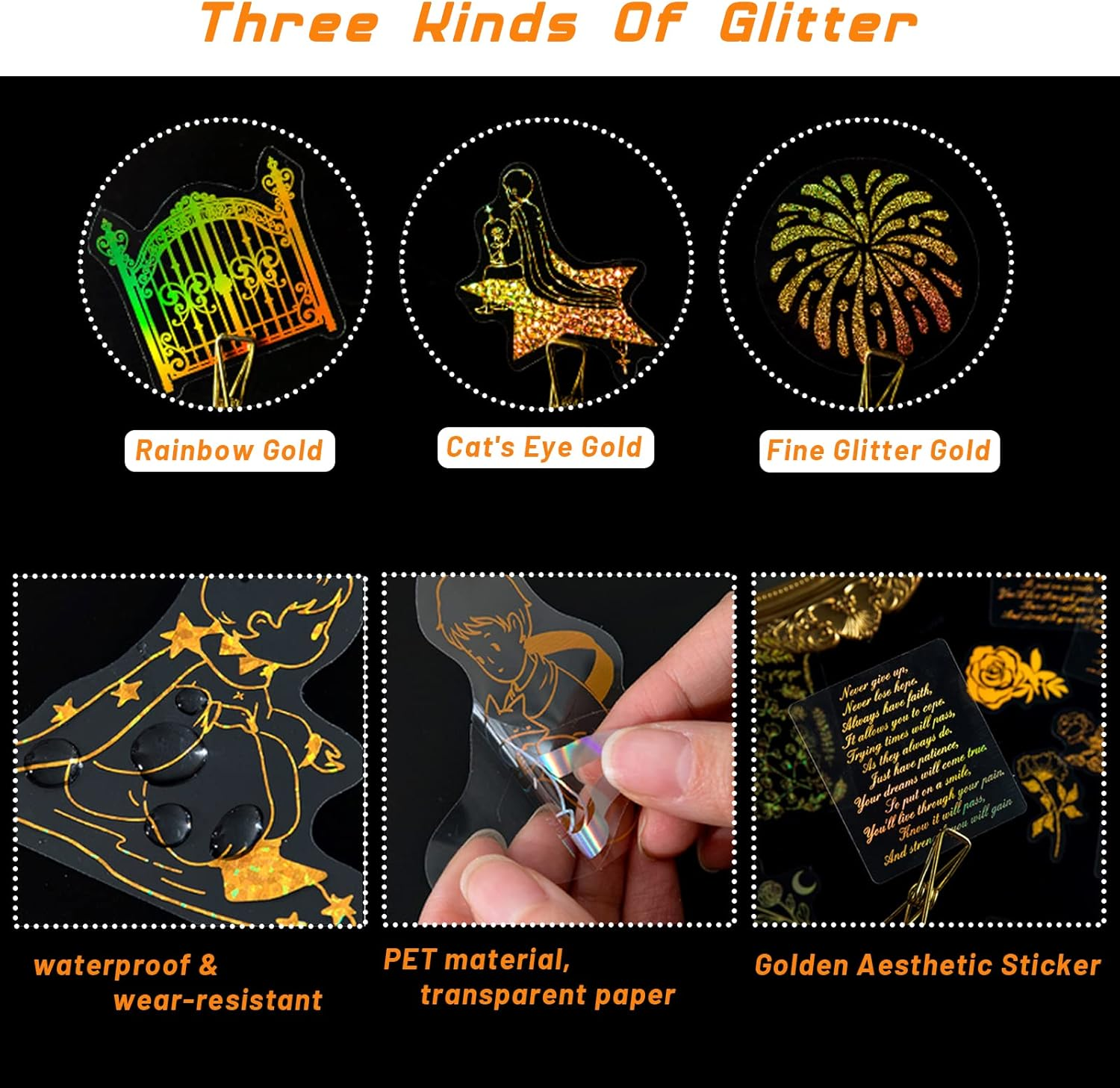 YOKSAS Yoksas 360Pcs Golden Holographic Sticker Set - Transparent Glitter Gold Foil Resin Stickers for Scrapbooking, Laptop, Water Bottles, Journaling, Gold,Golden,Transparent (ST-230) image number 5