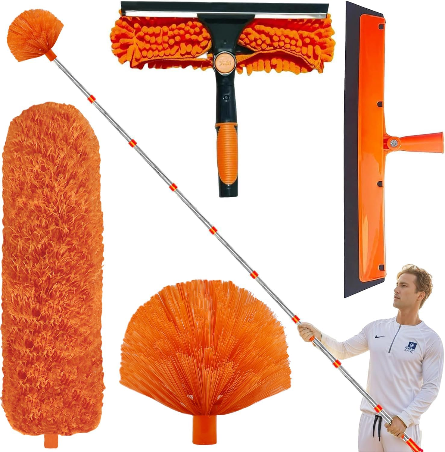 20+ Feet High Reach Duster Kit with 3-14 Ft Extension Pole // High Ceiling Dusting and Window Cleaning Kit with Spliceable Pole - Window Washer & Squeegee, Cobweb Duster, Fan Blade and Feather Dusters image number 5