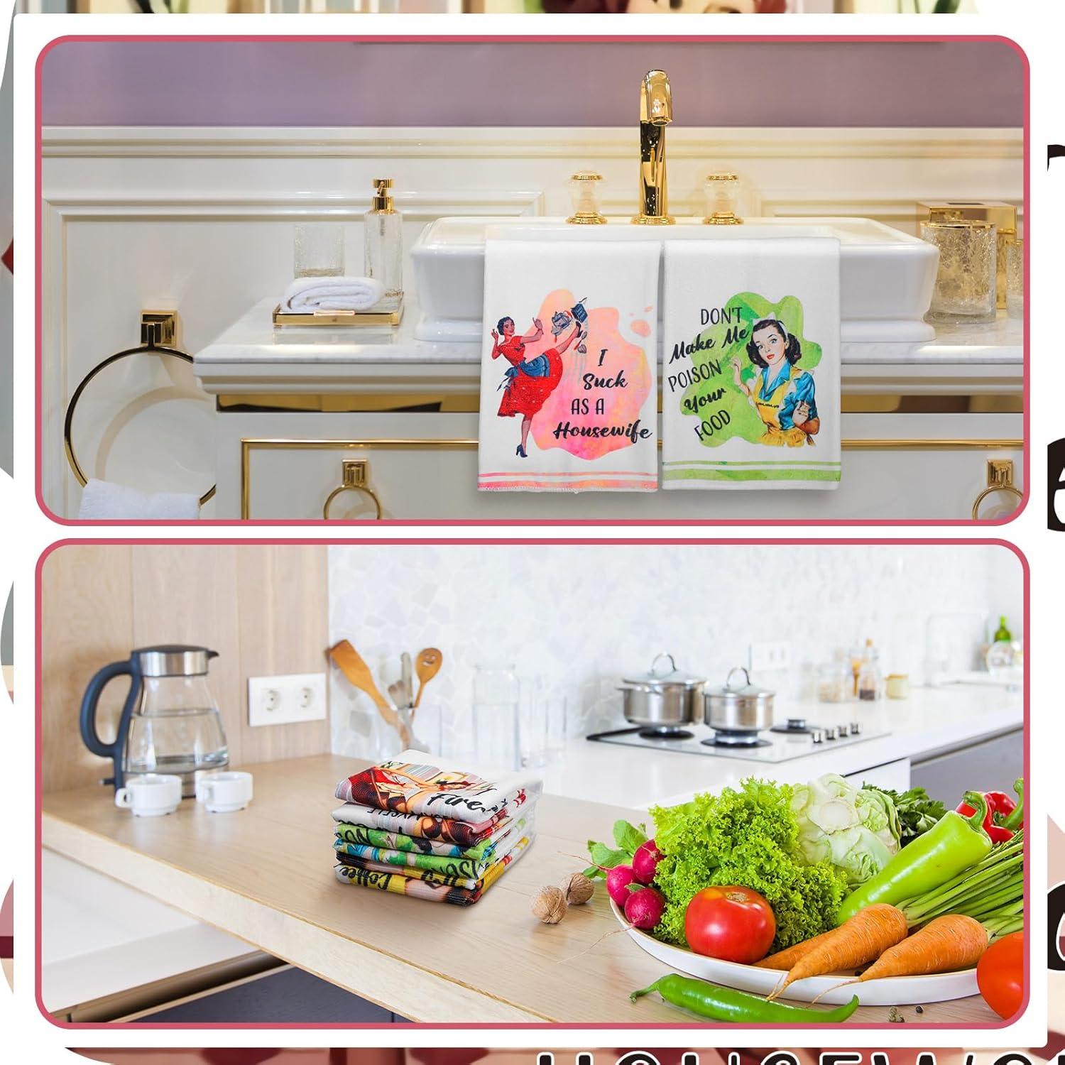 Vitalcozy 6 Pcs Funny Kitchen Towel Set Funny Housewife Dish Towel Farmhouse Rustic Bath Hand Towel for Holiday Christmas Bathroom Gift, 24 X 16 Inches image number 5