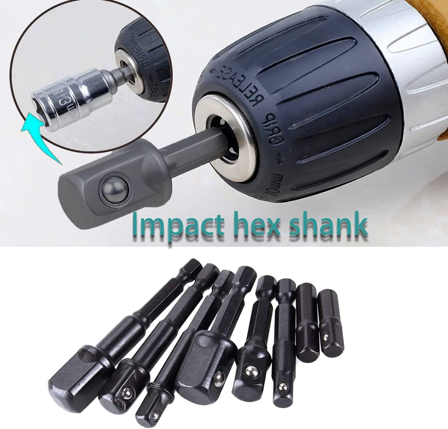 KEWAYO 8Pcs Power Drill Sockets Adapter Sets 1/4" 3/8" 1/2", 1/4 Inch Hex Shank Impact Driver Socket Adapter, CR-V Quick Change Nut Driver Socket Bit Set image number 6