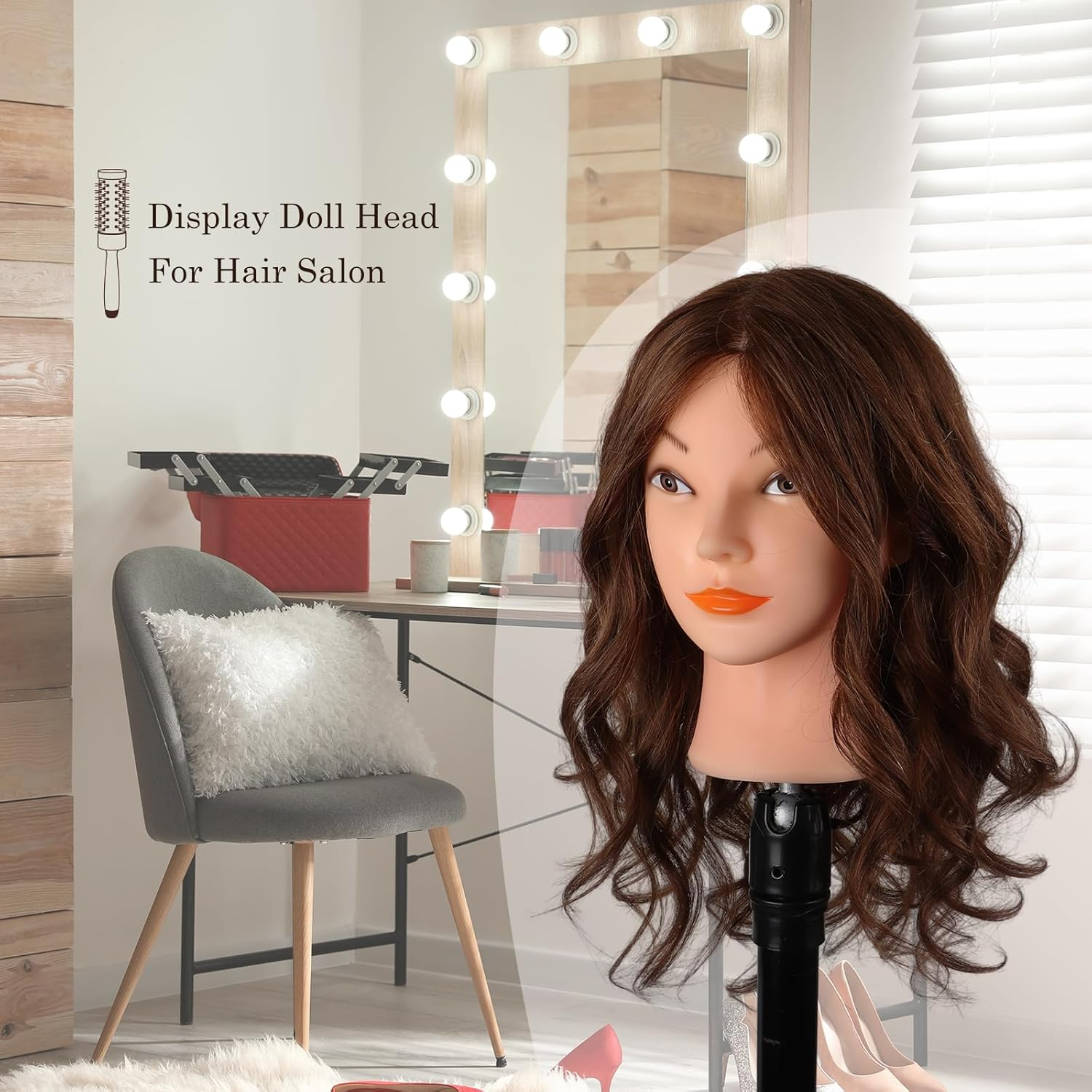 Mannequin Head with 100% Real Hair, 18" Dark Brown Natural Human Hair Hairdressing Doll Head for Practicing Hair Styling, Curling, Straightening, Coloring with Clamp & Styling Tools image number 2
