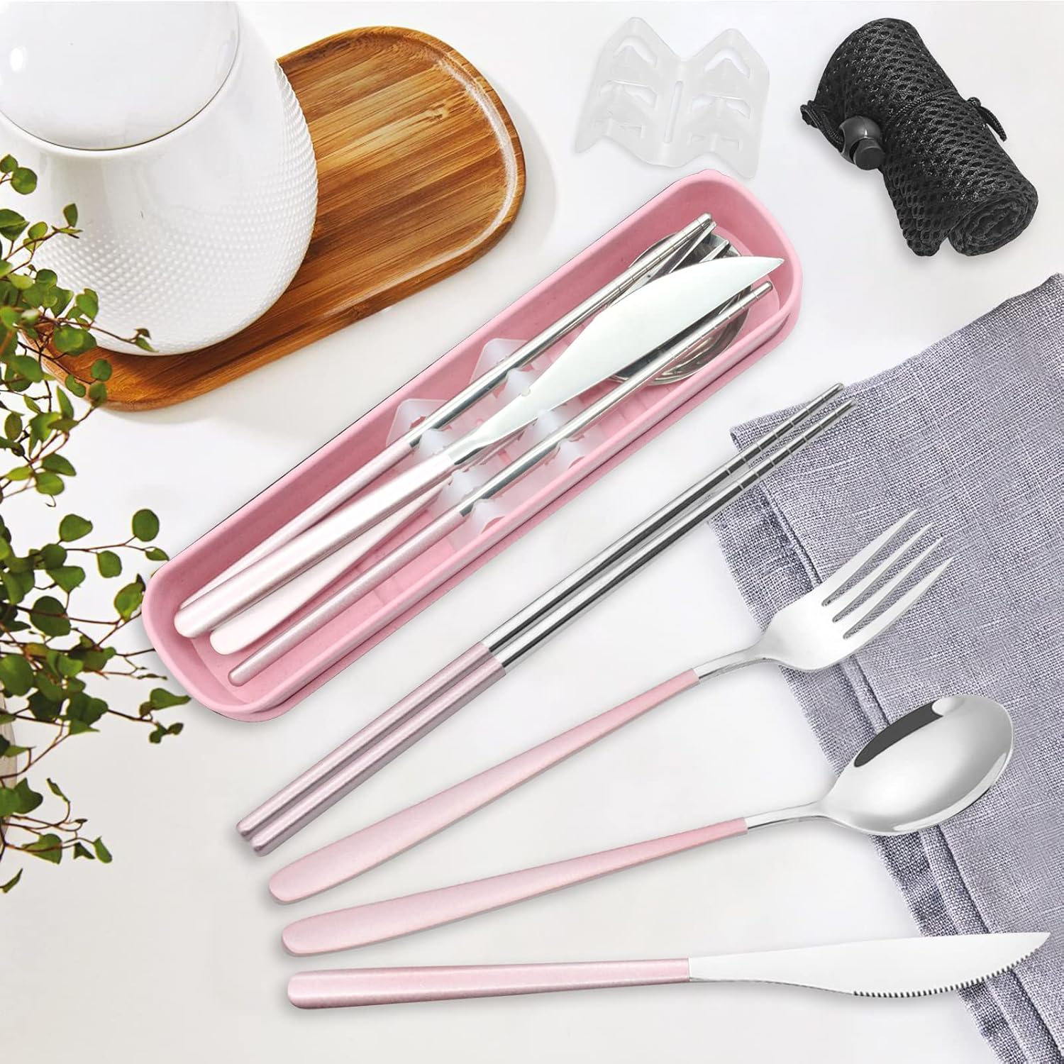 Portable Stainless Steel Cutlery, KUAOOAUK Reusable Travel Utensils, Portable Chopsticks Knife Spoons Forks Set, Travel Cutlery Set with Case for Adults Picnic Camping Daily Use (Pink) image number 6