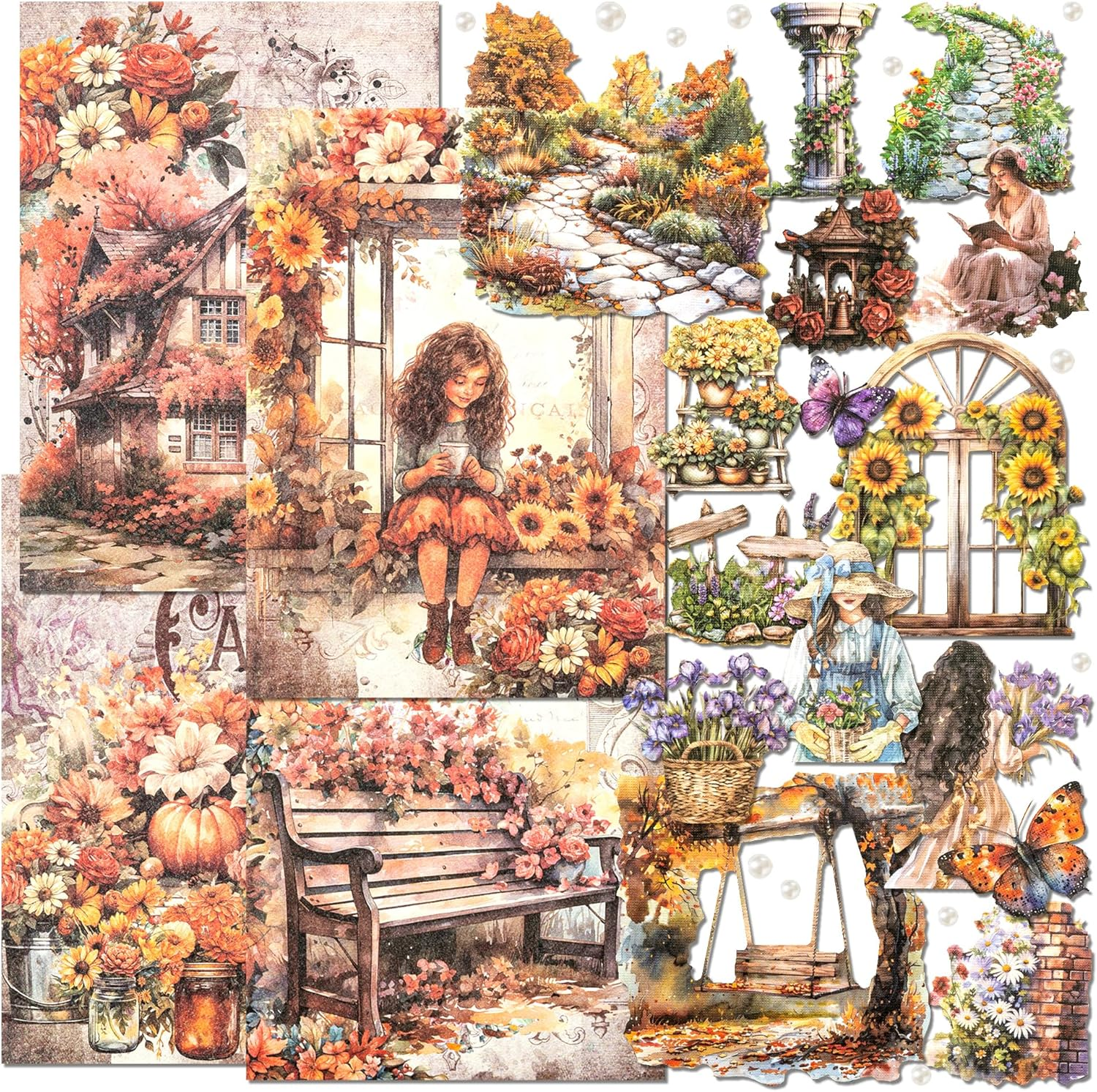 Garden Series Landscape Theme Scrapbook Set Flower Tree House Butterfly Sticker Courtyard Cottage Garden Single-Sided Paper for Junk Journal Planner Art Craft Notebook Card Making (Iris) image number 5