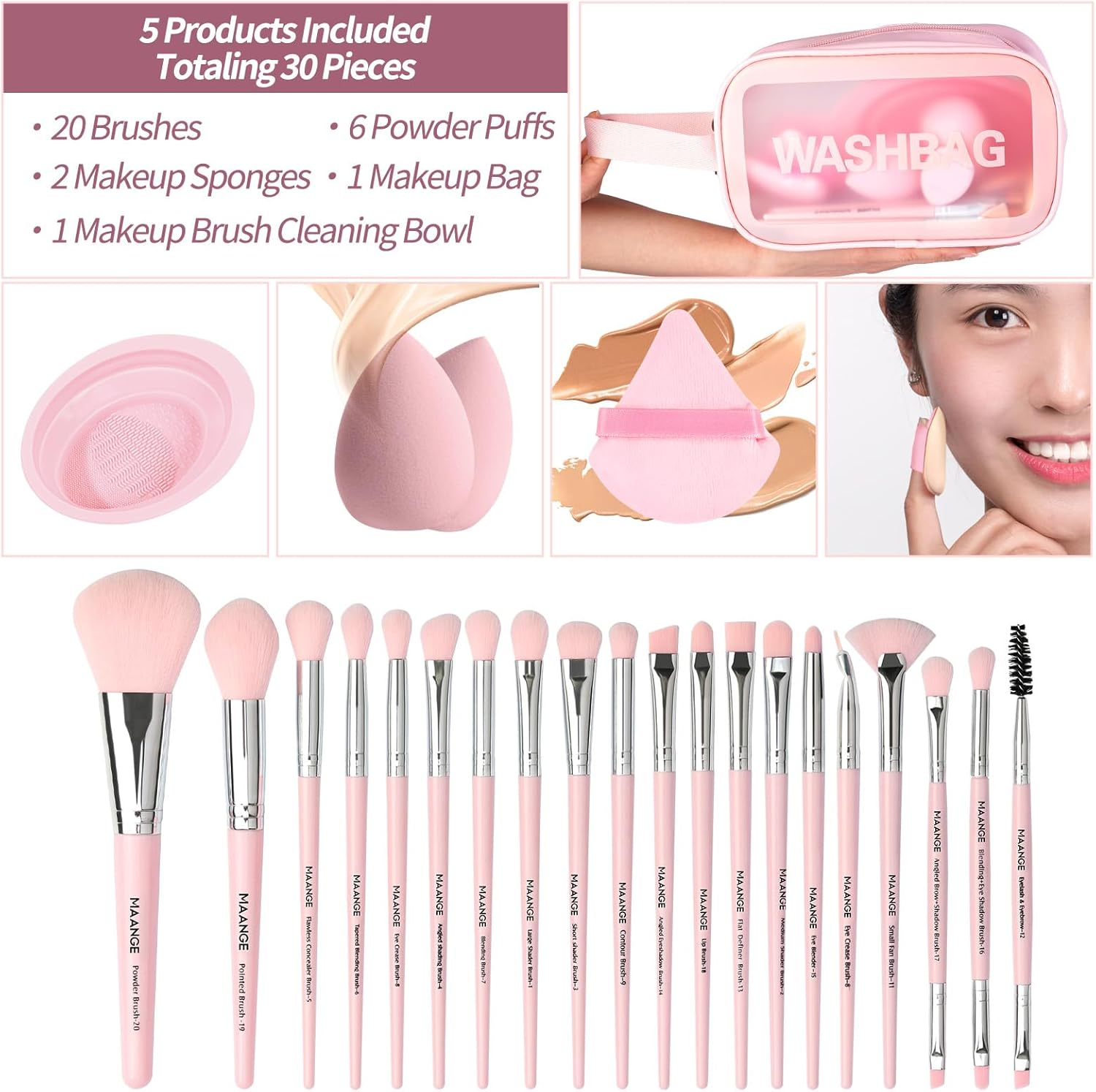 MAANGE Makeup Brush Set 30 Pcs Premium Synthetic Makeup Brushes Foundation Eye Shadow Powder Concealers Highlight Blending Brush Professional Make up Brush Set (Pink Silver) image number 2