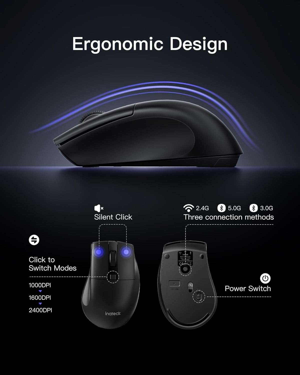 Inateck AI Wireless Keyboard and Mouse Combo, Full-Size Ergonomic Keyboard with Wrist Rest & Phone Holder, 2.4Ghz Bluetooth Silent Design for PC, Laptop, Mac, Windows image number 4