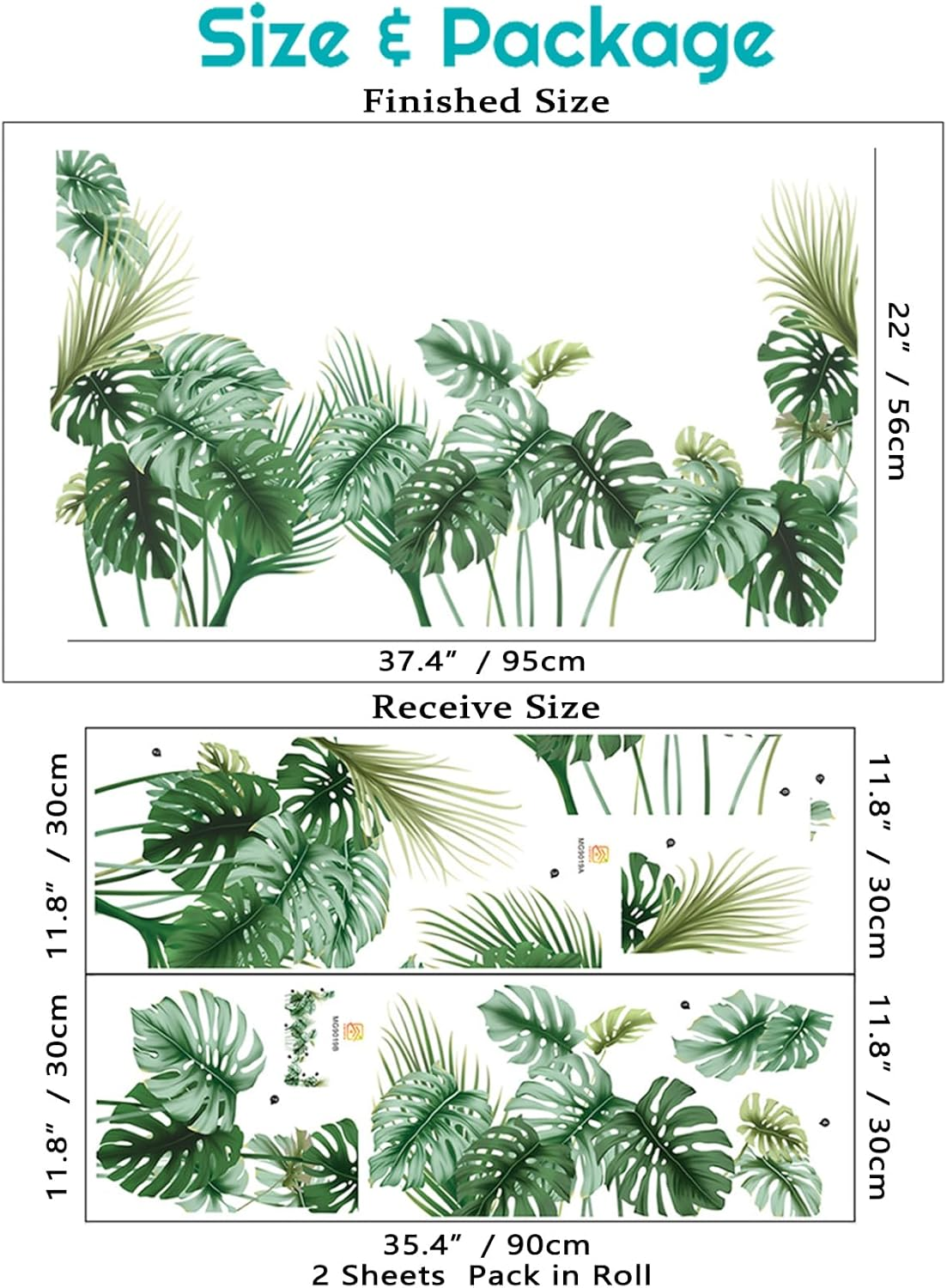Tropical Wall Decals Palm Leaf Wall Stickers for Living Room, Green Plants Wall Decor Posters Vinyl Peel and Stick Art Murals for Bedroom Nursery Office