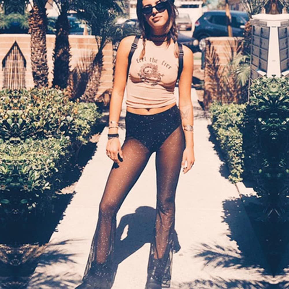 Women'S Rave Sheer Mesh Sparkly Pants Bell Bottom Rave Outfit Clothes for Festival Dance Clubwear