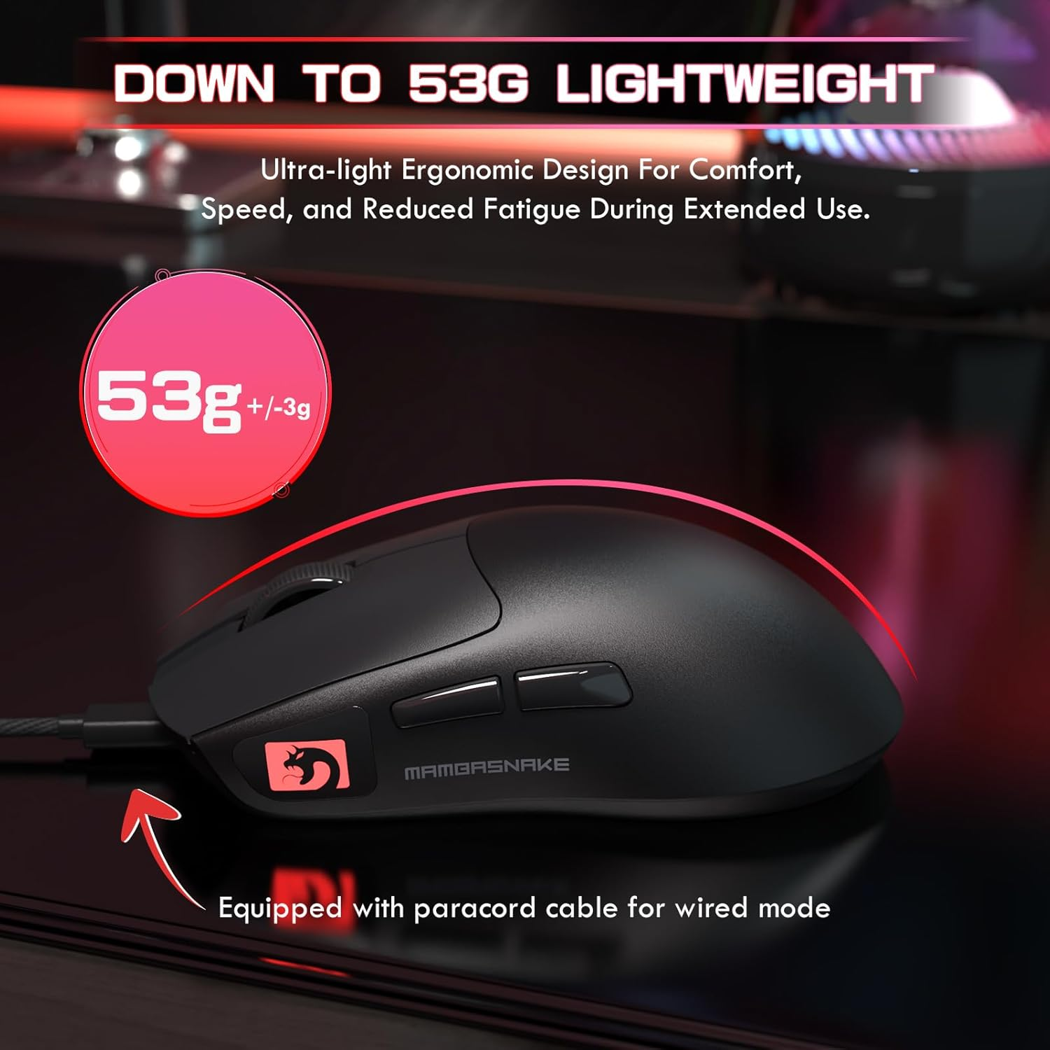 MAMBASNAKE M4 Ultra-Light Wireless Gaming Mouse, 53G, PAW3311 Sensor, 24000DPI, Tri-Mode Bluetooth/2.4G/Wired, RGB Lighting, 400Mah Battery, 20M Clicks (Black) image number 1