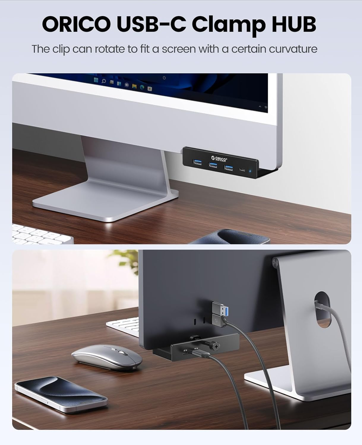 ORICO USB Hub 3.0, Clamp USB Hub with Extra Power Supply Port, Aluminum 4-Port USB Adapter with 3 USB-A Data Ports, USB-C Port for Monitors, Desks (Black) image number 1