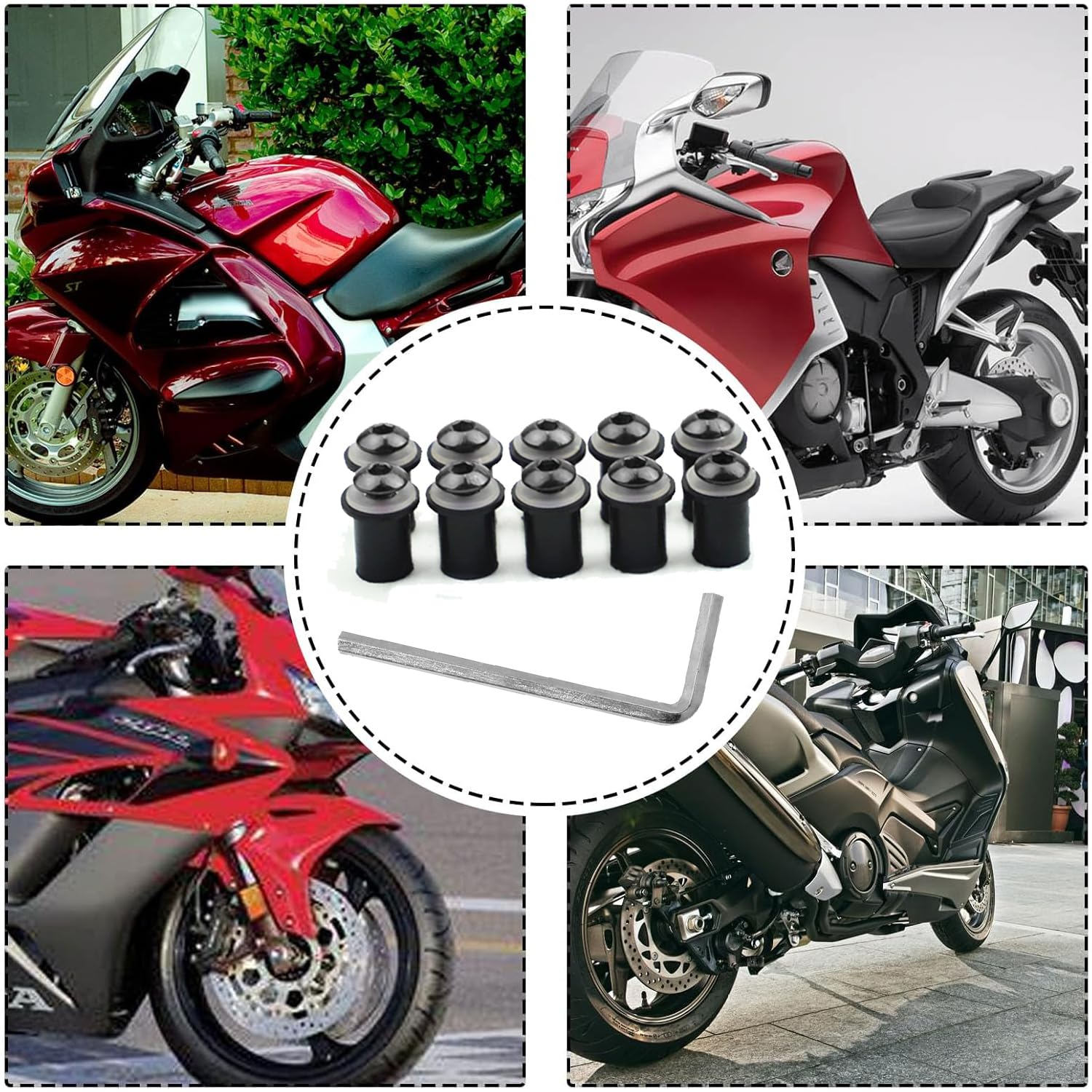 Xinghonyac 10 Pcs Motorcycle Windshield Bolts Screws Kit, Windshield Body Mounting Bolts Nuts for Motorcycle, Aluminum Motorbike Windscreen Screw Bolts Nuts Fastener Kit with Wrench (Black) - Red image number 7