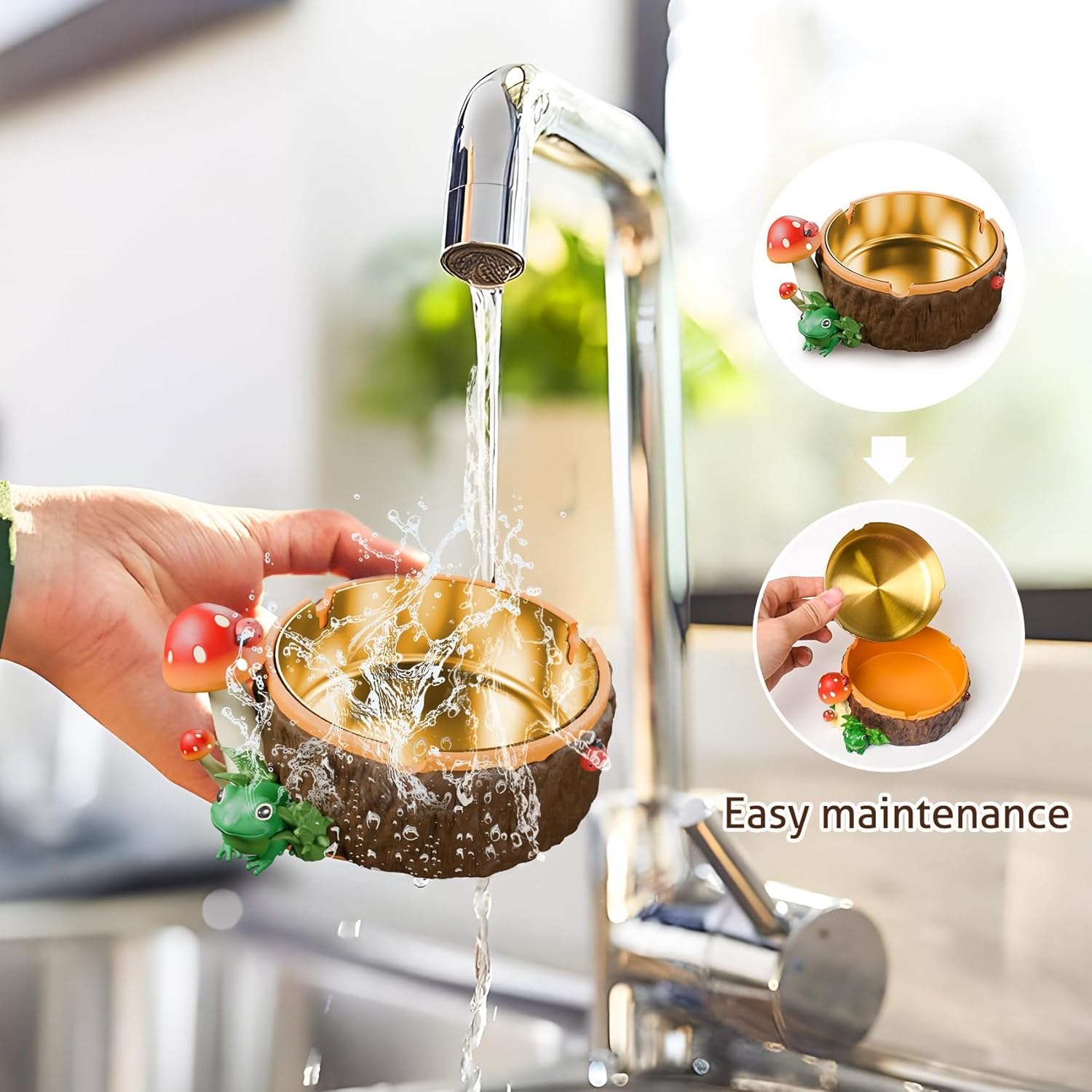 Ashtray, Cute Mushroom Ashtray with Stainless Steel Tray for Cigarette, Resin Ash Tray for Indoor or Outdoor Use Mushroom Decor, Ash Holder for Home and Garden Decor image number 4