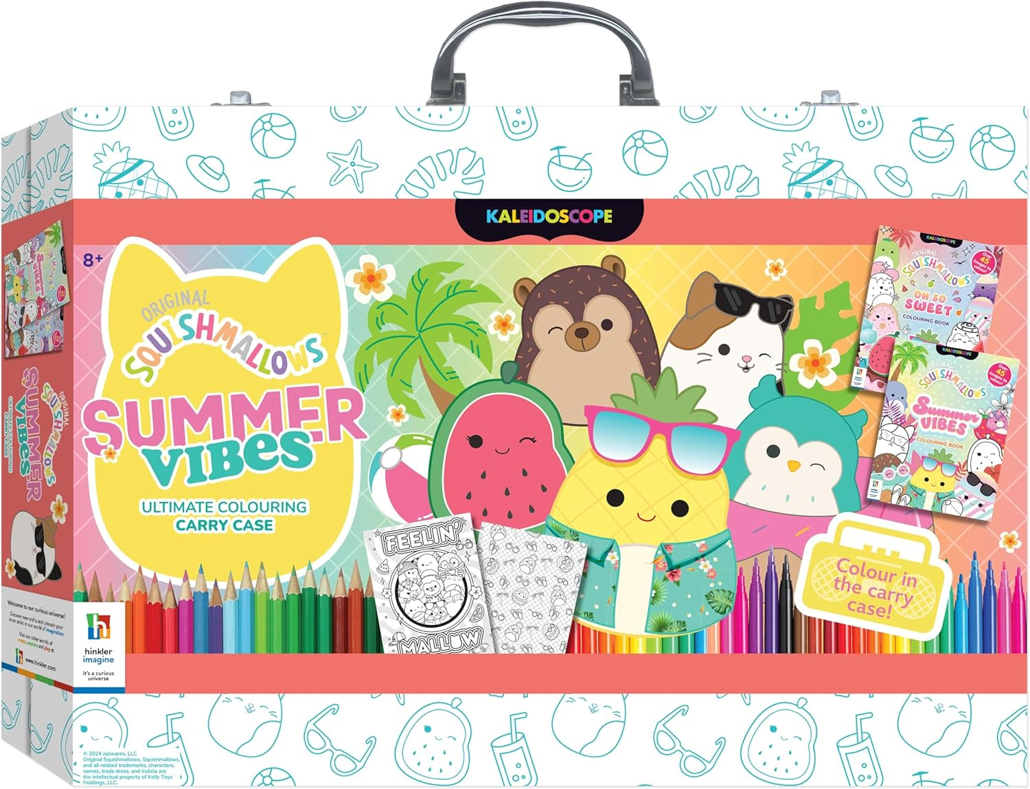 Squishmallows Summer Vibes Ultimate Colouring Carry Case &ndash; 2 Colouring Books, 20 Coloured Pencils, and 10 Markers &ndash; Portable Set for Ages 8-15