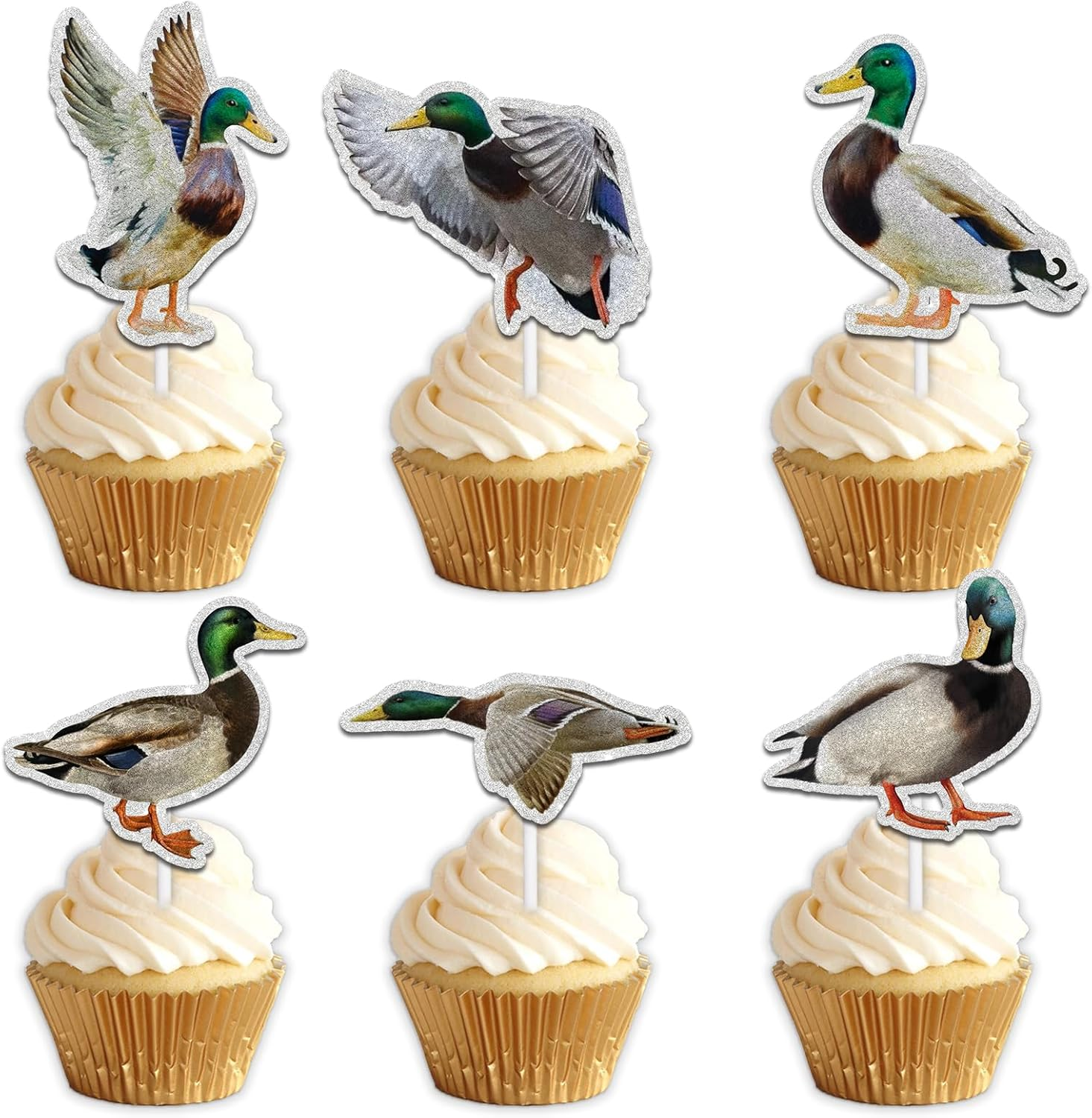 18Pcs Glitter Wild Duck Dessert Cupcake Topper Pick for Animal Duck Adventure Movie Theme Decor Supplies Baby Shower Boys Girls Happy Birthday Party Decorations image number 1