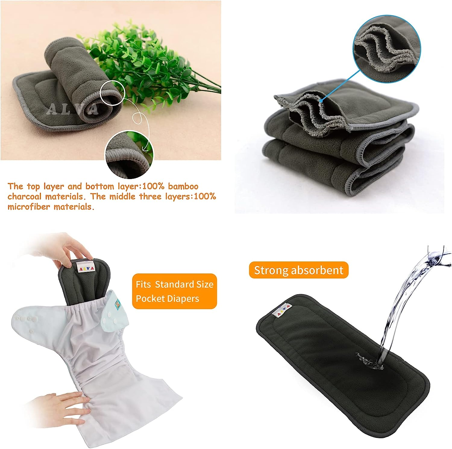 ALVABABY Baby Cloth Diapers 6 Packs with 12 Pcs 5-Layer Charcoal Inserts Adjustable Washable Reusable 6DM32-ZTN-AU image number 2
