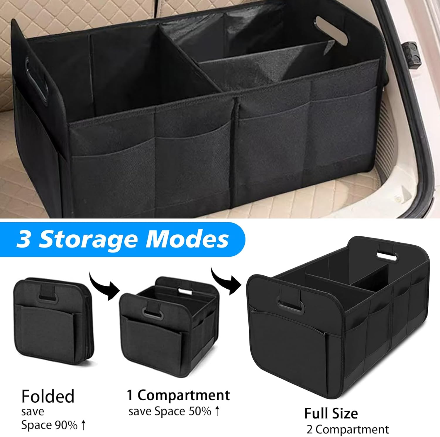 Car Trunk Organizer for SUV, RV & ORV, Super Capacity Collapsible Vehicle Boot Storage Bag with Adjustable Compartments, Reinforced Handles Design, Trunk Tidy Cargo Organizer for Storage (1PCS) image number 5