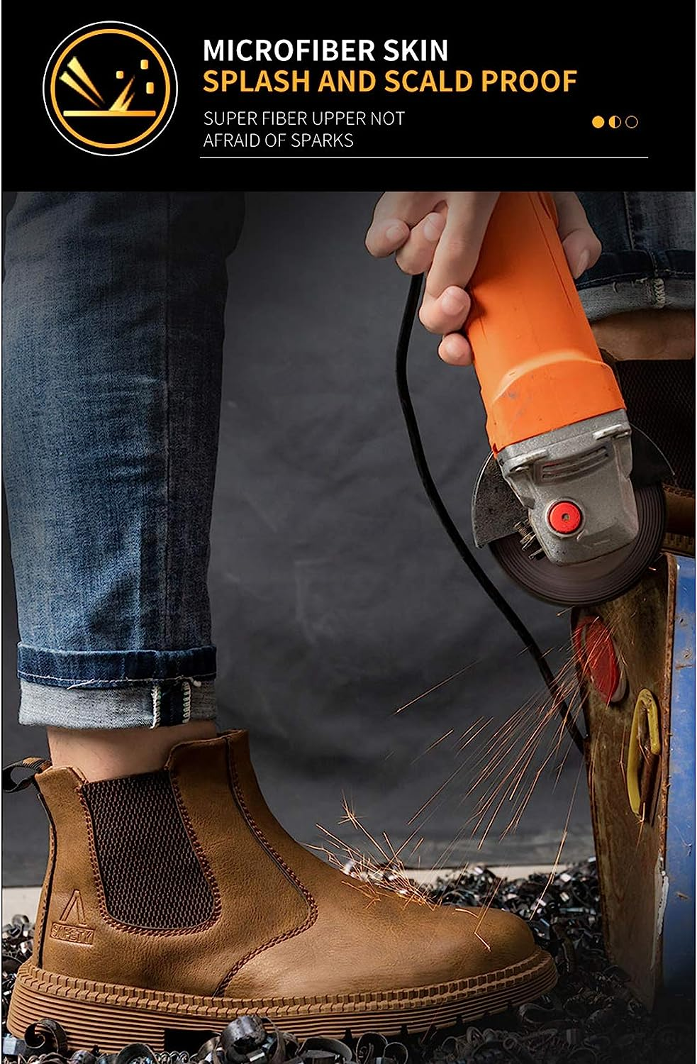 Letuwj Men'S Steel Toe Work Boots Slip on Breathable Quick Dry Safety Leather Indestructible Work Safety Shoes image number 2