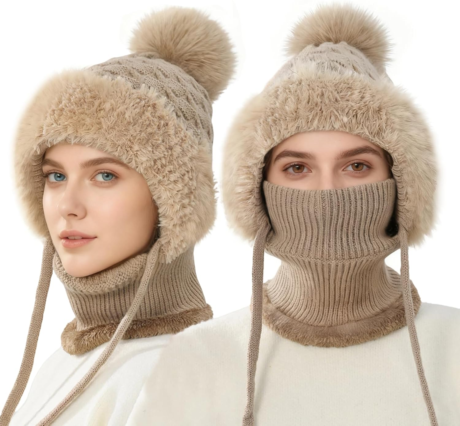 Bobble Hat for Women, 3 in 1 Winter Knitted Beanie Hat with Neck Warmer and Face Cover, Thick Fleece Lined Windproof Thermal Wooly Hat for Cycling Skiing Cold Weather