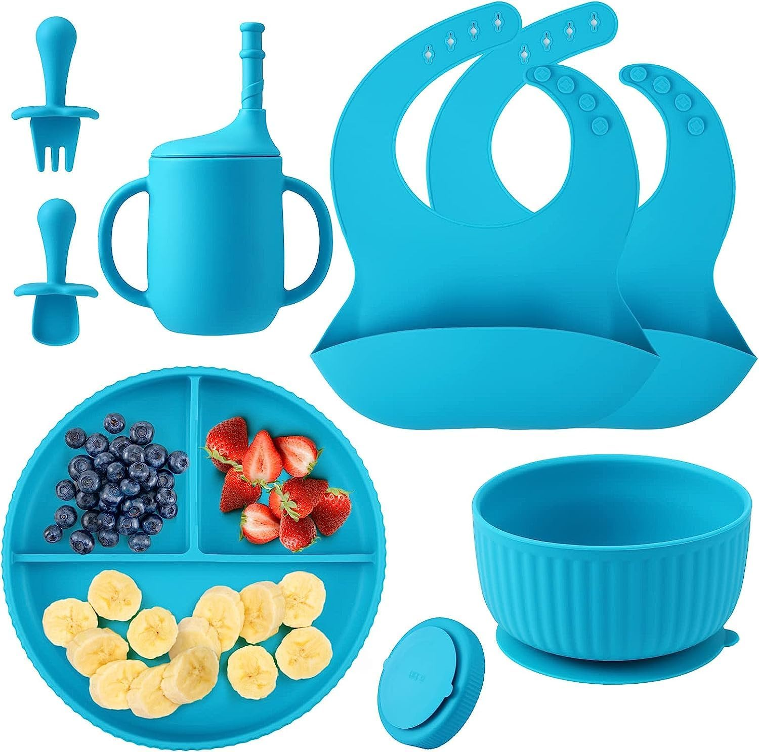 Children Feeding Set with Plates, Utensils, Adjustable Bib, Suction Bowl, Divided Plate, Straw Cup, First Stage Spoon & Fork (Blue)