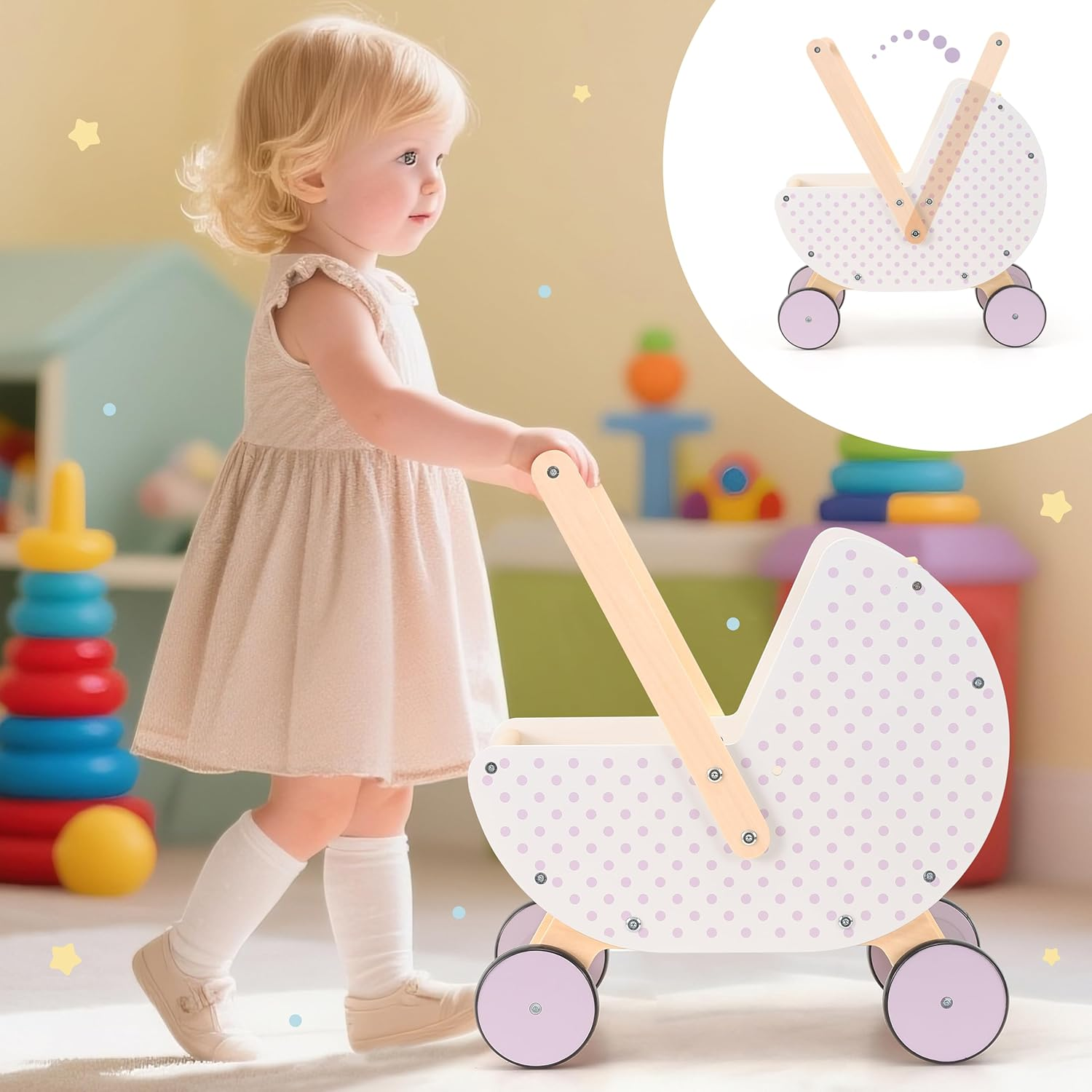 Pillowhale Wooden Baby Walker & Doll Stroller &ndash; Adjustable Handle Push Cart, Anti‑Tip, Quiet Wheels, Pretend Shopping Cart &ndash; Montessori Wooden Walker for Babies, Doll Stroller for Toddlers 12M+ image number 1