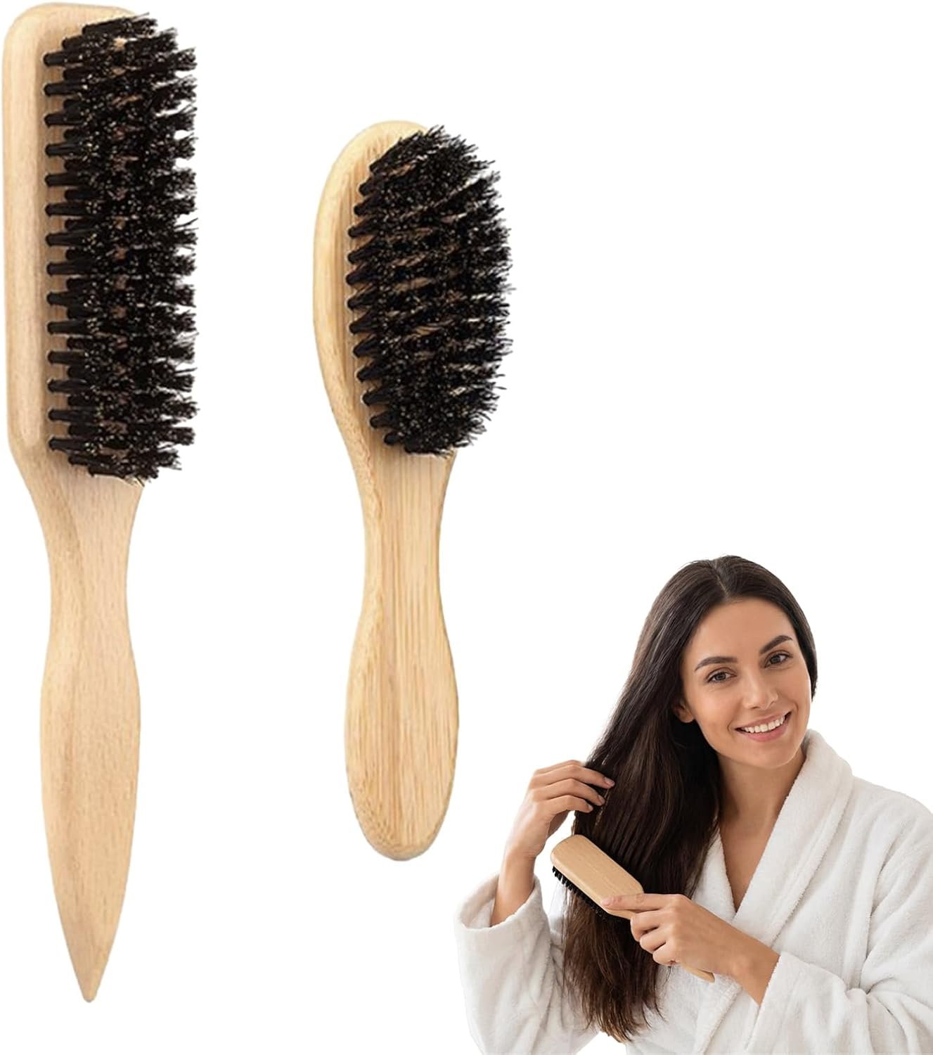 2Pcs Slick Back Brush, Boar Bristle Hair Brush Set, Pointed Tail Beard Brush, Wooden Handle Styling Brush, Hair and Beard Care Smooth Back Comb, Suitable for Men and Women
