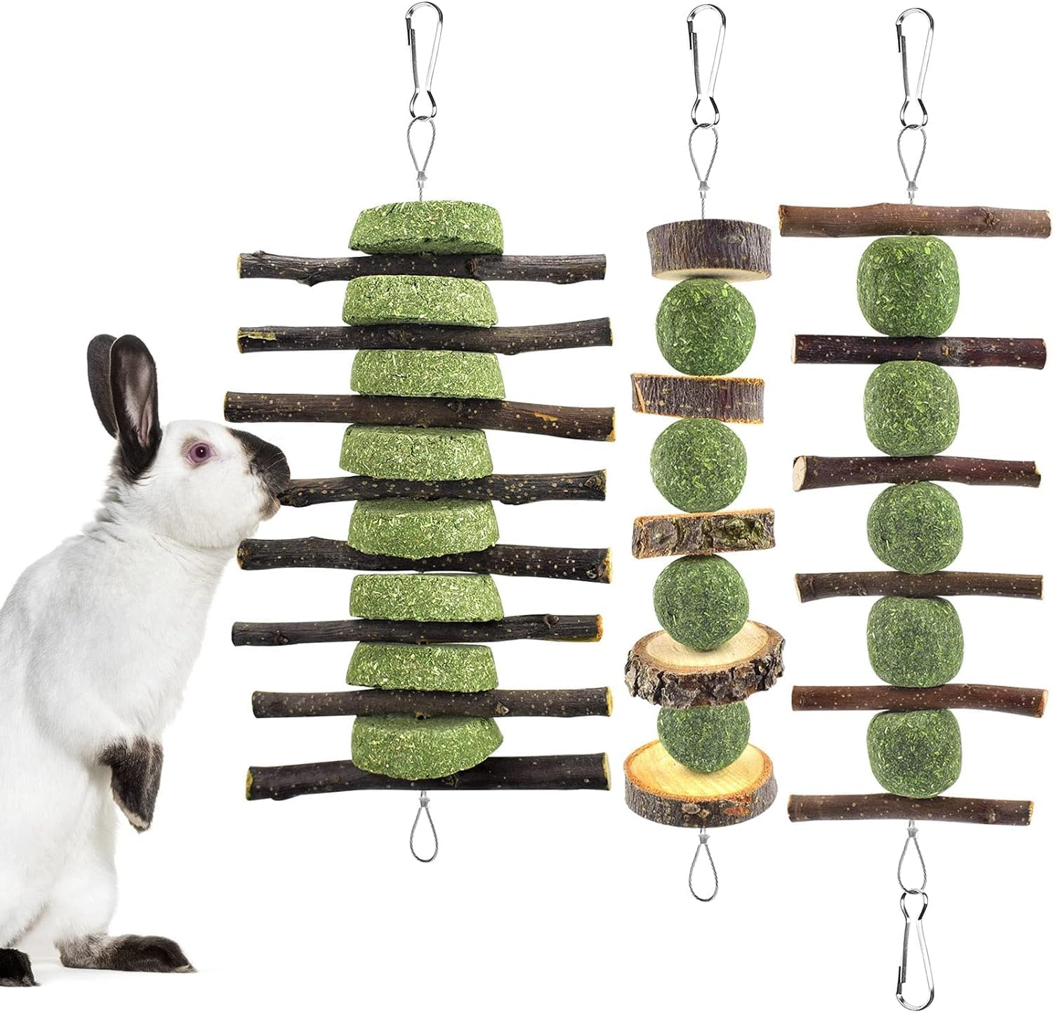 3PCS Bunny Chew Toys, Rabbit Chew Toys for Teeth Grinding, Improve Dental Health, 100% Natural Apple Wood Timothy Grass Cake Treats for Rabbits Guinea Pigs Chinchillas Bunnies Hamsters