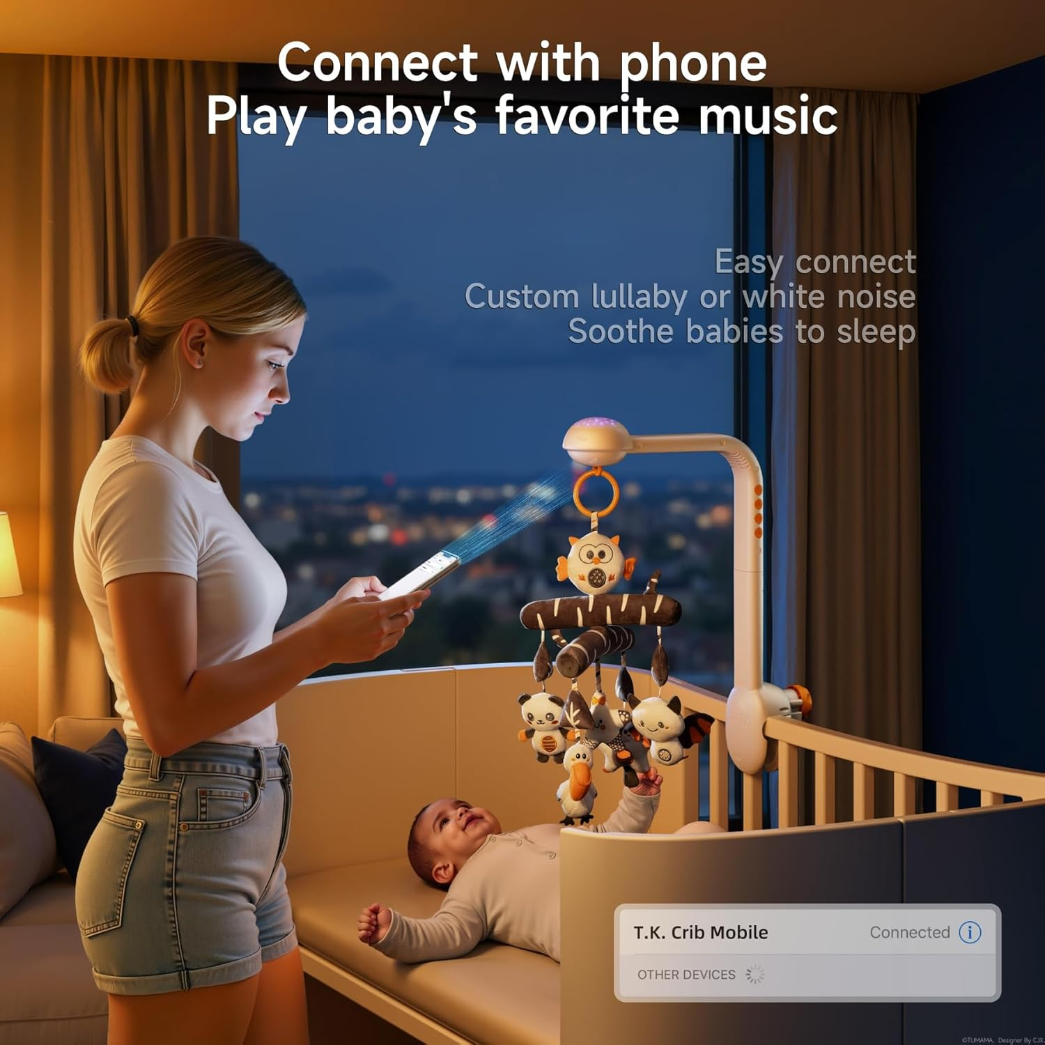 TUMAMA Baby Crib Mobile, High Contrast Toy with Projection Night Light, Music and White Noise,Black and White Soft Plush Animal Hanging Toy for Infant 0 3 6 9 Months Newborn Gift image number 3