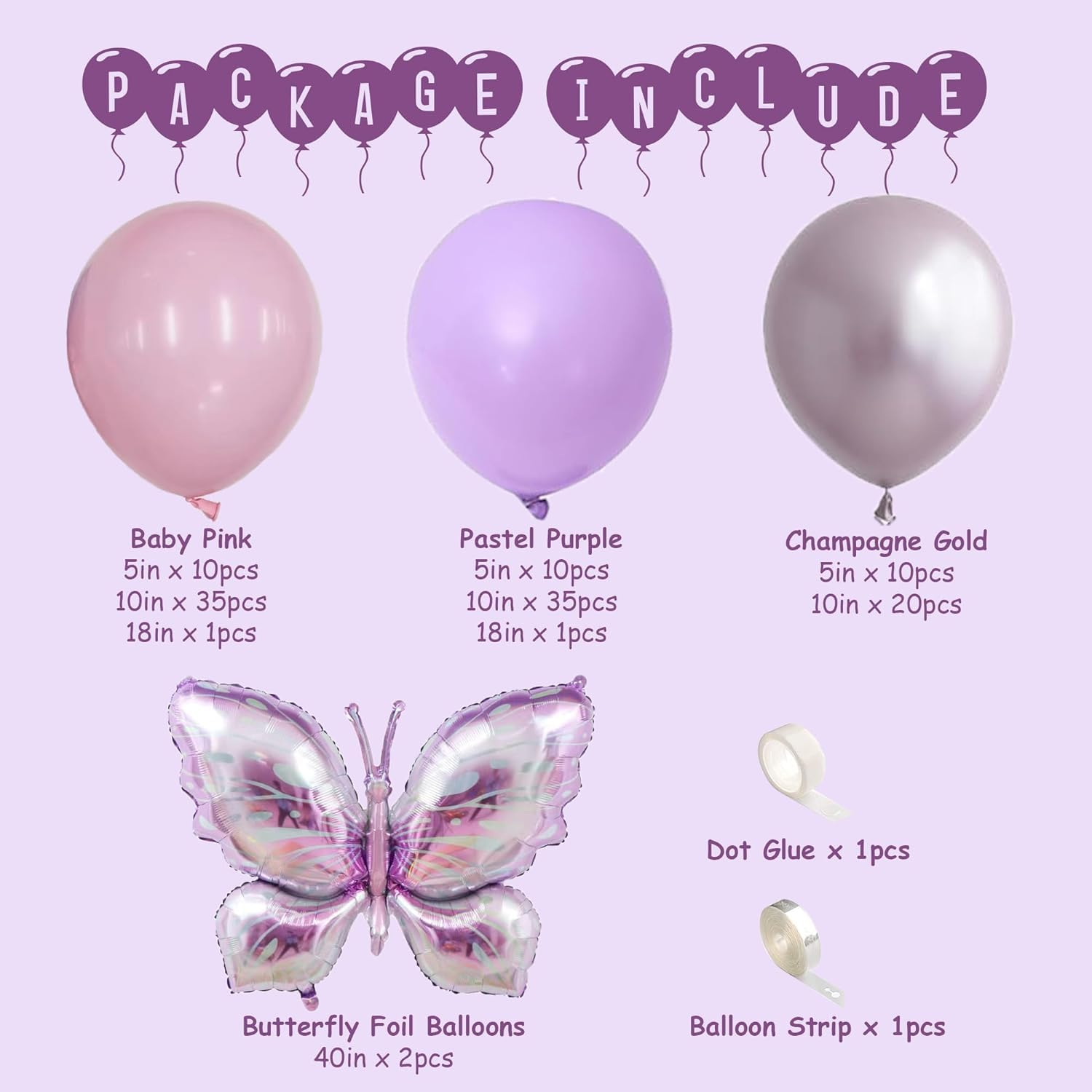 Butterfly Balloons Arch Garland Kit, 126 Pcs Purple Light Pastel Purple Balloons with Lavender Lilac Foil Butterfly for Girl'S Birthday Baby Shower Wedding Mother'S Day Valentines Party Decorations image number 3