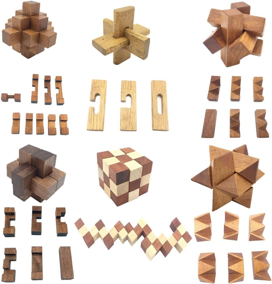 Guaishou 6-In-One 3D Luxury Wooden Brain Puzzle Teaser Kongming Lock for Teens and Adults Includes Storage Box