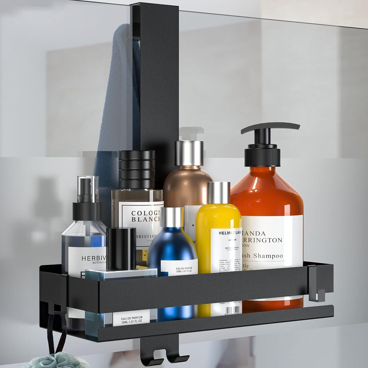 HOTOIQ Shower Caddy Hanging, Stainless Steel Shower Caddy without Drilling, Rustproof Hanging Shower Basket Holder with 2 Hooks and 4 Suction Cups for Frameless Glass Door(Black) image number 2