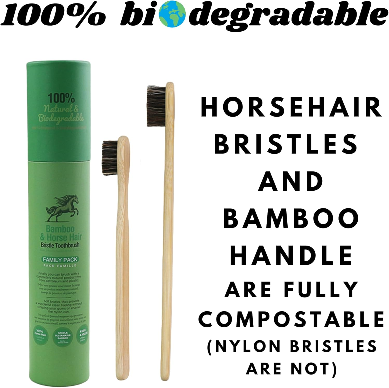 Gaia Guy Natural Bristle Bamboo Toothbrush Family Pack (NO Nylon - Horsehair ONLY) - Totally Compostable & Biodegradable Horse Hair Bristle and Bamboo Toothbrushes - Zero Waste - 4 Kids and 4 Adults image number 3