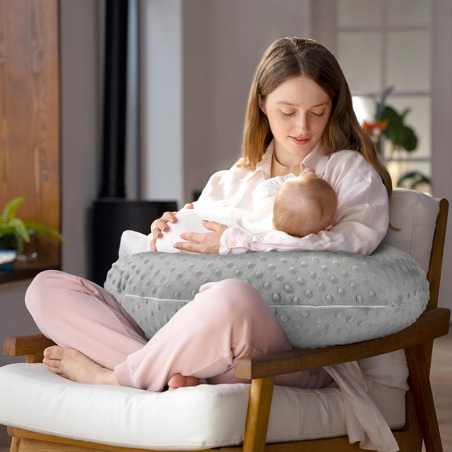 GFU Breastfeeding Pillow for Newborn with Dot Fabric Nursing Pillow Cover, Soft Comfortable Nursing Pillow for Breast Feeding and Bottle, Grey image number 4