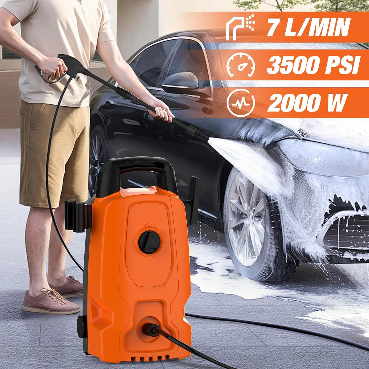 ADVWIN 3500PSI Pressure Washer, 2000W Electric High Power Washer Adjustable Spray Gun with 5M High Pressure Hose, Power Cleaner Machine for Cars/Fences/Driveways/Patios/Home Cleaning, Orange image number 3