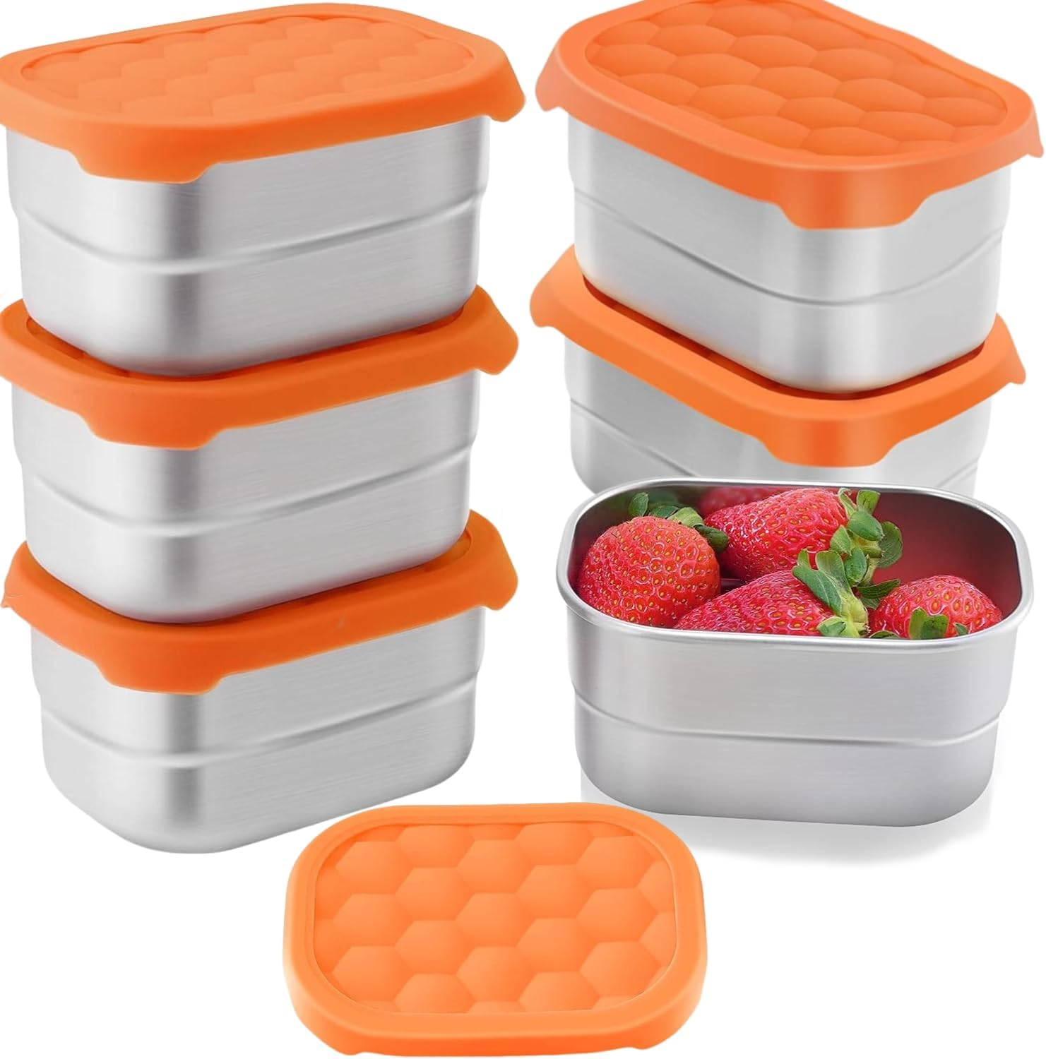 Stainless Steel Snack Container, 6Pcs 8Oz, for Kid Easy Open Leak Proof, Stackable Rectangle Food Storage Container with Silicone Lid, Portable Snack Box for School Office Travel Camping (Green-6Pcs)