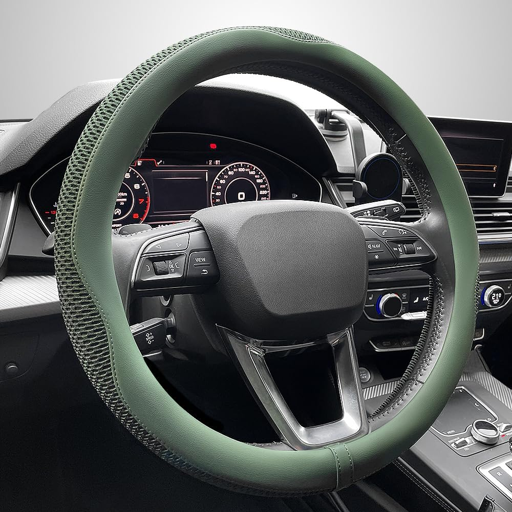 Steering Wheel Cover, Universal 15 Inch, the Latest Microfiber Leather Breathable Technology Fabric, Non-Slip, Comfortable, Warm in Winter and Cool in Summer, Green image number 4