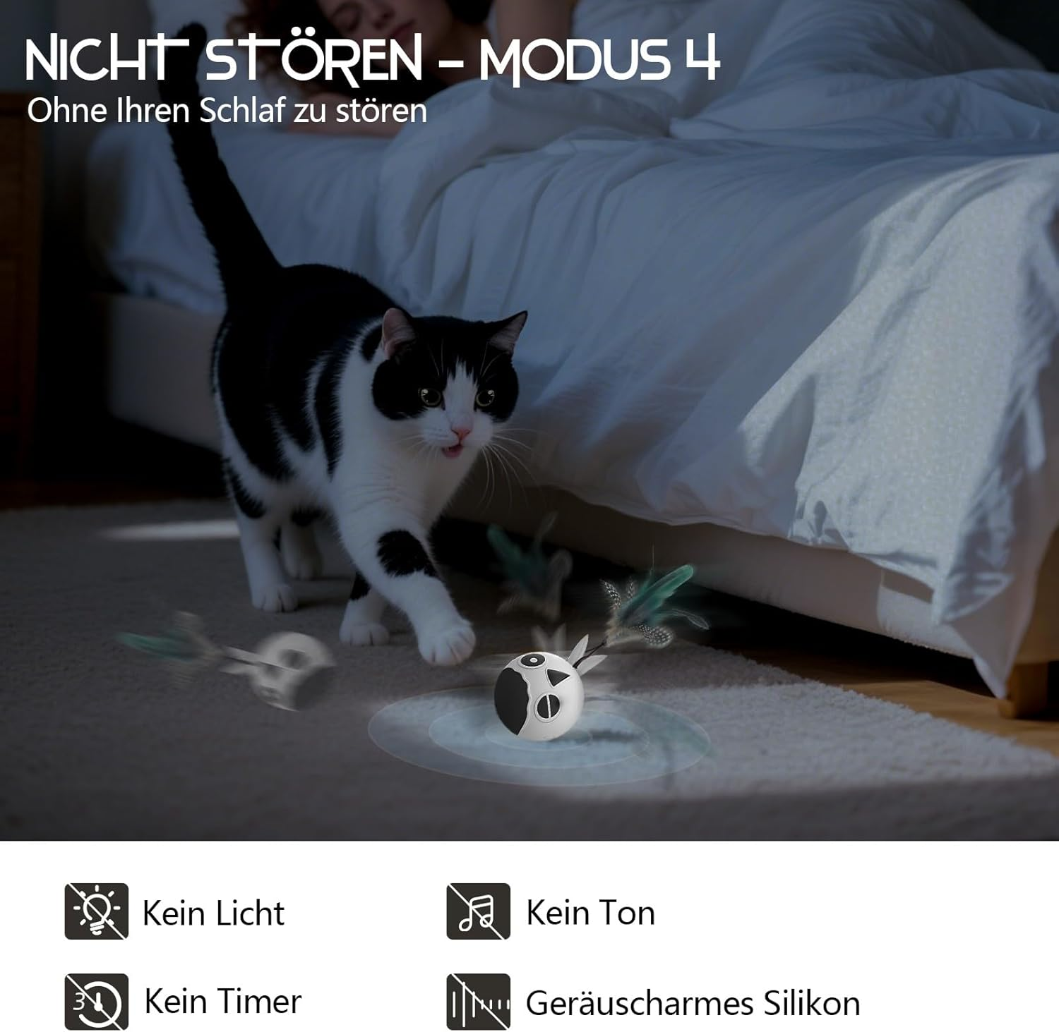 Zeepet Interactive Cat Toy for Adults, House Cats and Kittens, Automatic Moving Bird Ball with 2 Feather Tails, Touch Activation, Multiple Chirping Tones (White)