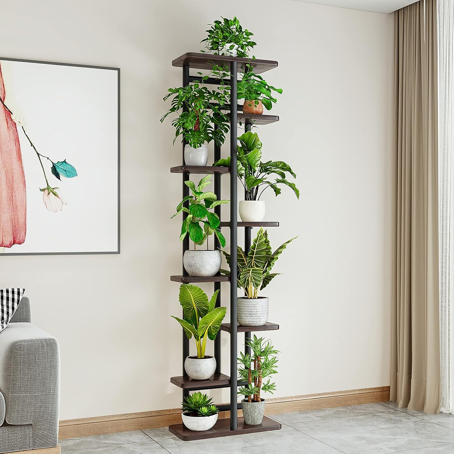 YOCOMEY Wood 8 Tier 9 Potted Tall Plant Stand Metal Rack, Multiple Flower Pot Holder Shelves Rack, Planter Shelf Display Rack Storage Organizer for Balcony Garden Indoor Outdoor Corner(Black) - White image number 4