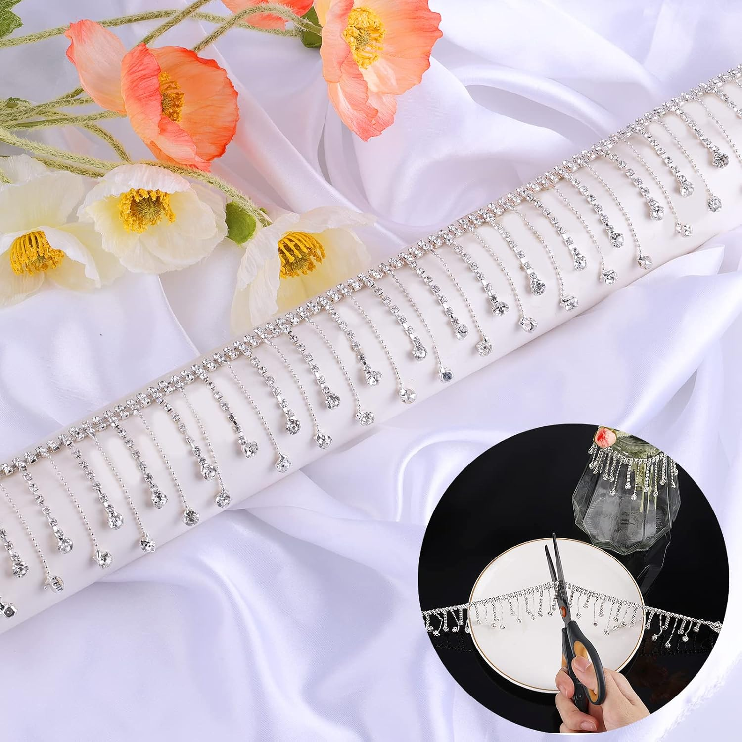 Savita 2 Yard Rhinestone Ribbon Tassel Chain, Glitter Rhinestone Fringe Trim with Drop Shaped Pendant Crystal Tassel Trim Diamond Fringe for Wedding Bridal Accessories DIY image number 4