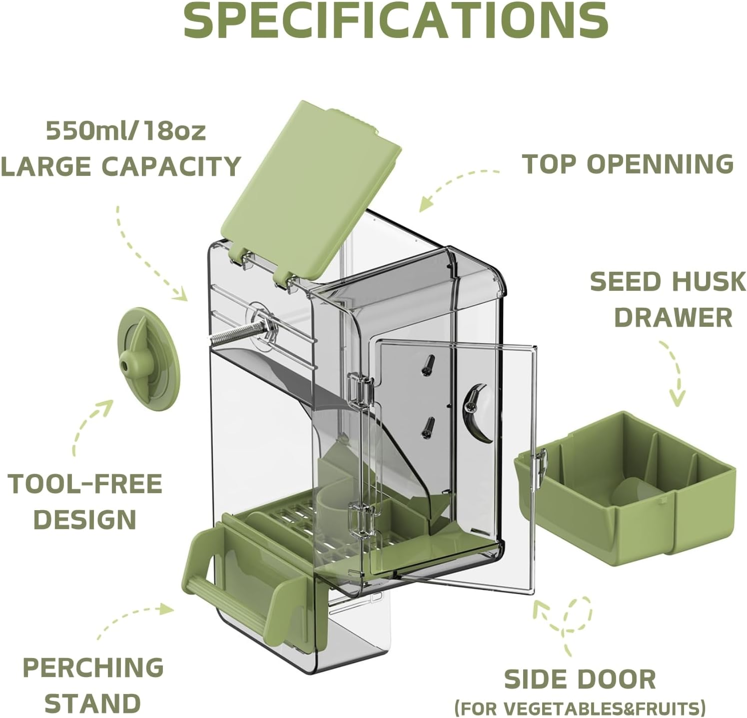 Automatic Bird Feeder, No Mess Bird Cage Feeder with Perch Multi-Functional Holder for Fruits Vegetables for Parakeet Canary Cockatiel Finch (Green) image number 1