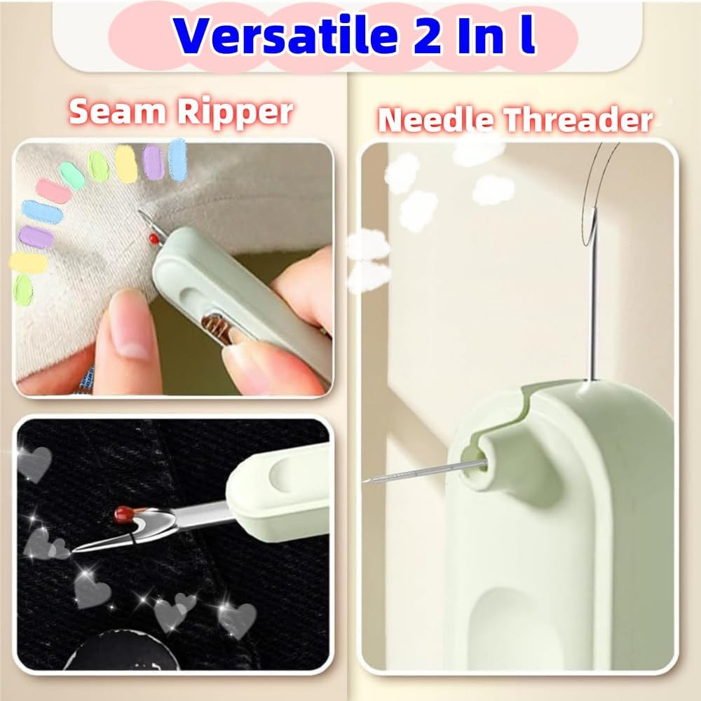 3Pcs 2 in 1 Needle Threader Seam Ripper Tool, Thread Remover Tool for Hand Sewing, Cross Stitch, Embroidery and Thread Removal (3 Colours)