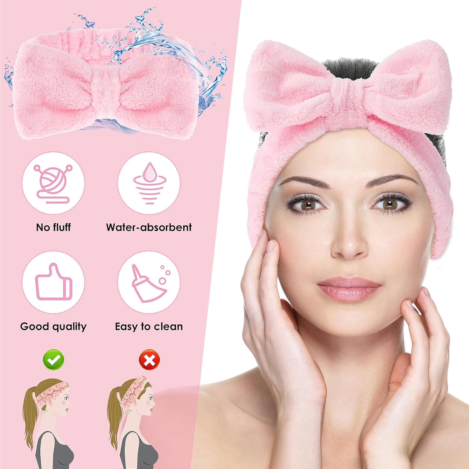 Spa Bowknot Headband Women'S Spa Hair Band Cosmetics, Coral Fleece Makeup Hair Bands Elastic, Cosmetic Headband Wide Brim Coral Fleece Washing Face Head Wrap for Shower Skin Care Sports image number 3